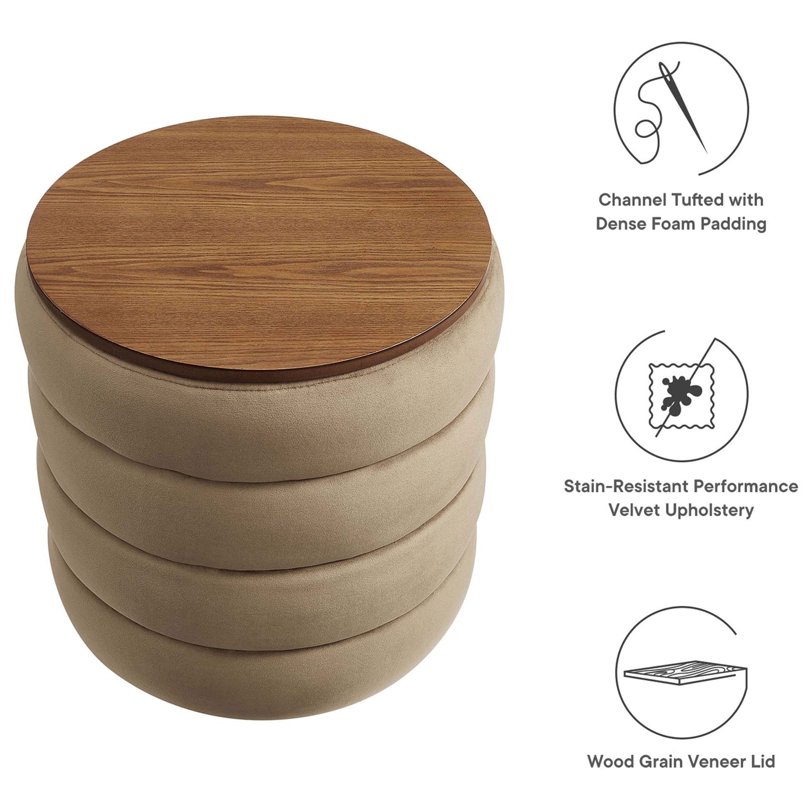 Features channel tufted taupe velvet storage ottoman with wood grain lid and benefit callouts || EEI-6684-TAU || callout_studio