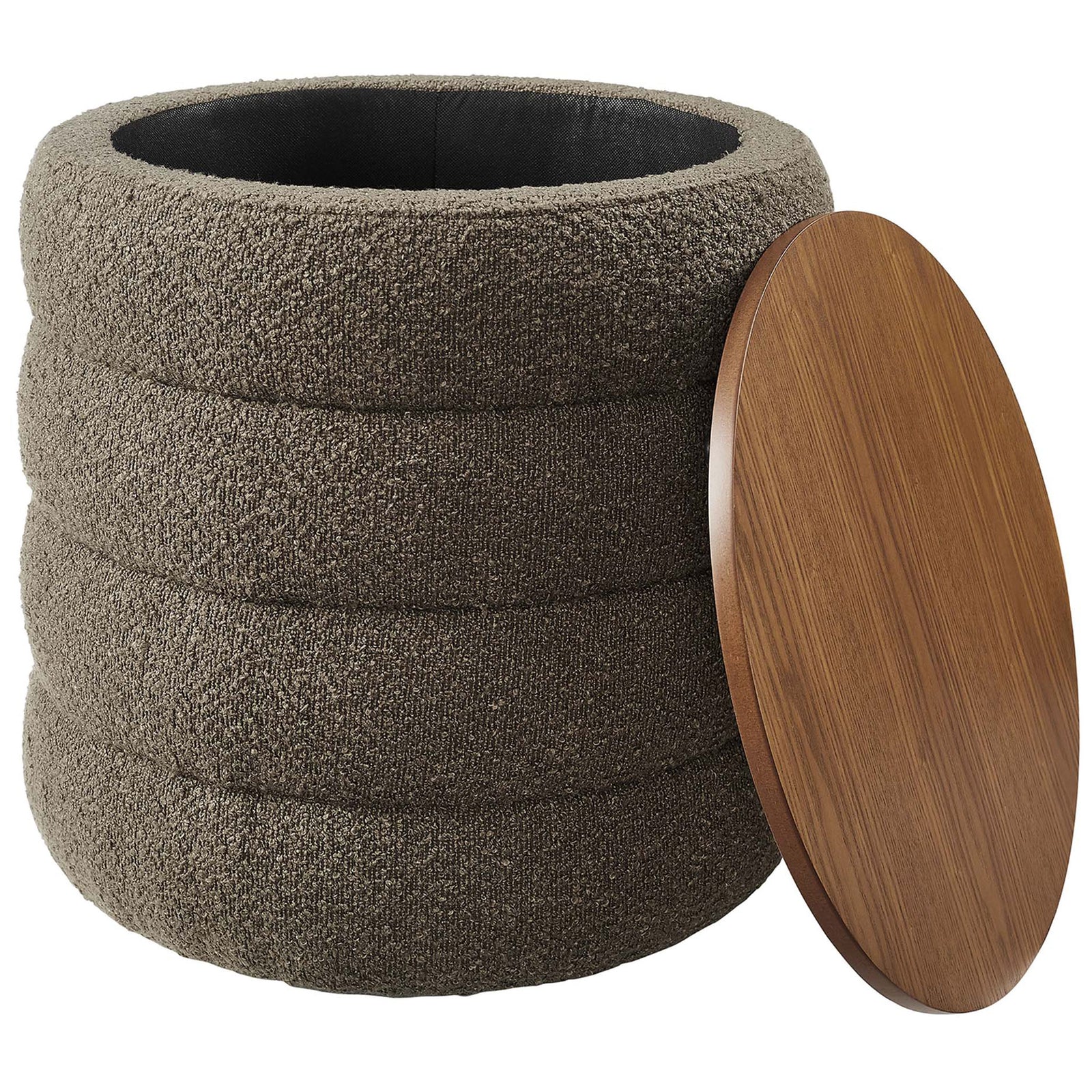 Pebble boucle ottoman with removable wood lid lifted to reveal a roomy black fabric storage compartment || EEI-6685-PEB || front_angle_open_studio