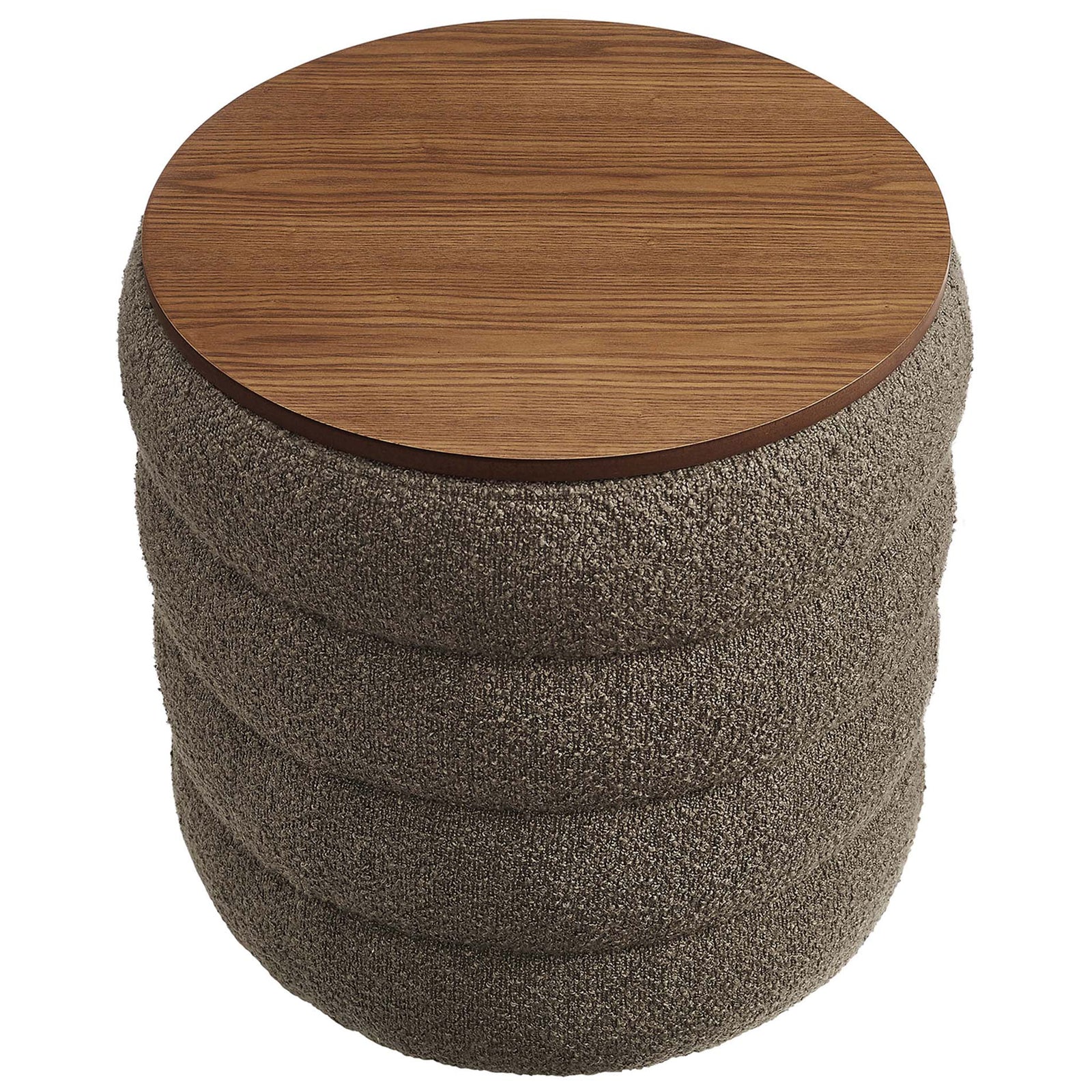 Smooth round wood veneer lid tops the textured pebble boucle ottoman for a warm modern accent || EEI-6685-PEB || top_studio