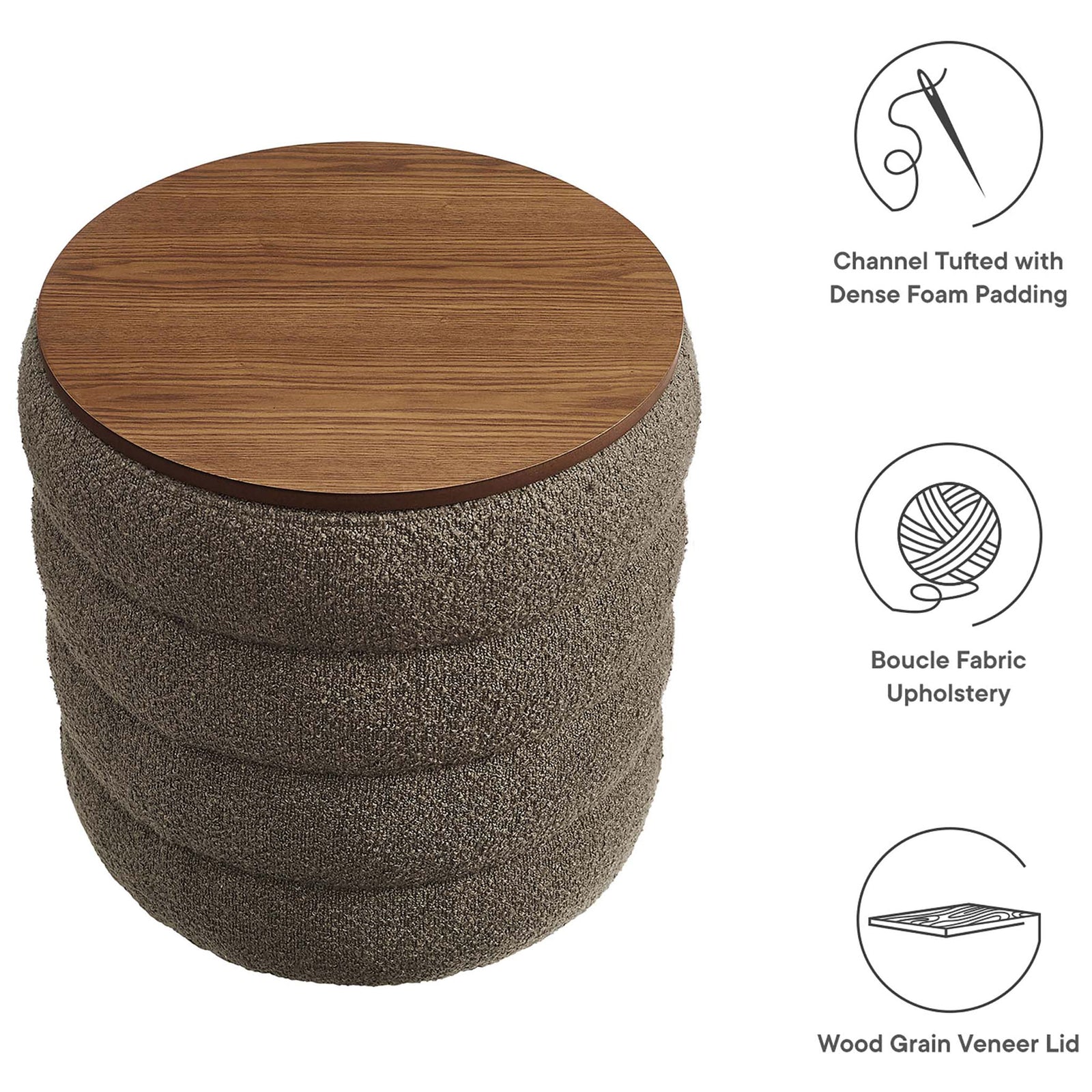 Feature highlights show the pebble boucle ottoman with wood top and icons for comfort and upholstery || EEI-6685-PEB || callout_studio