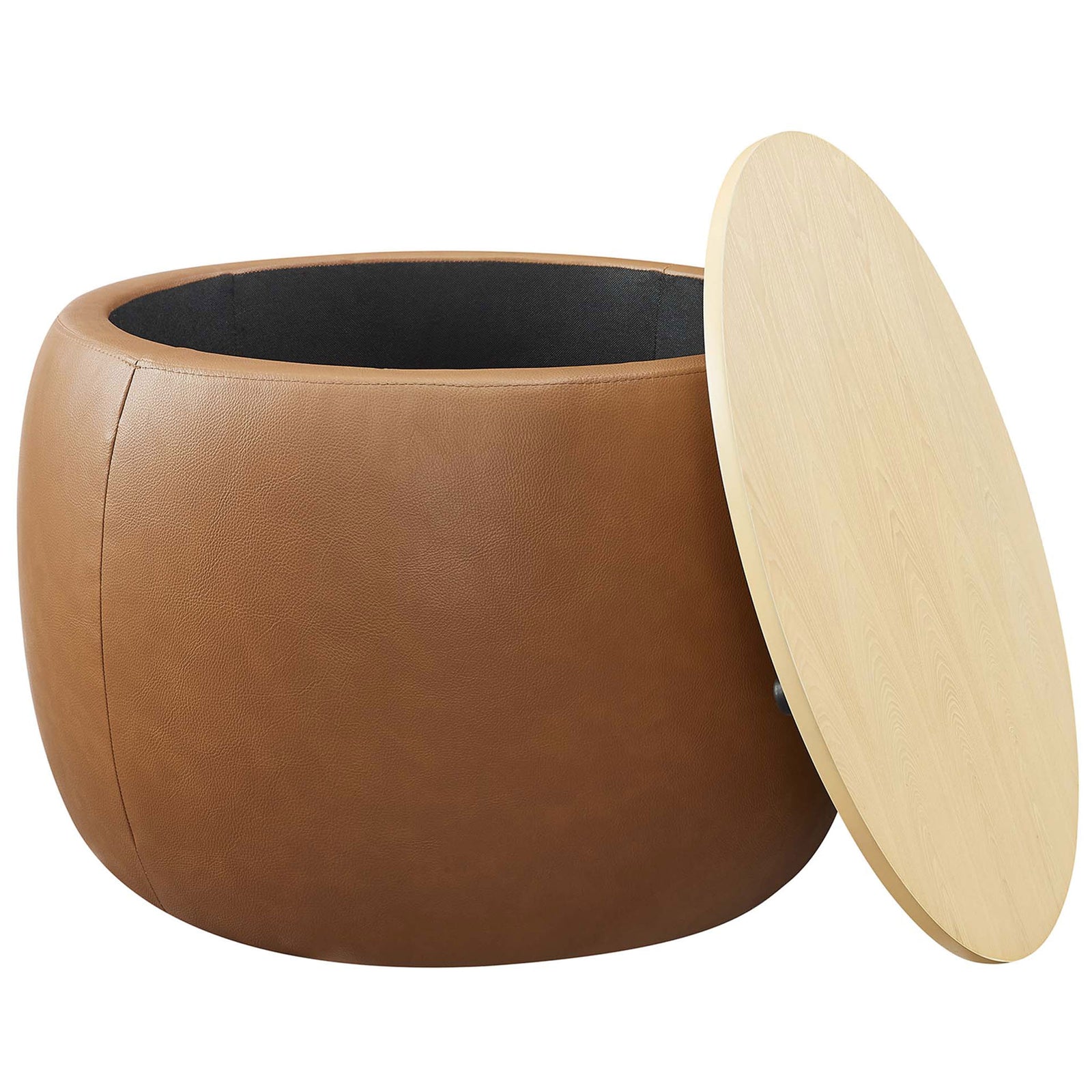 Round tan vegan leather storage ottoman with removable wood top revealing a spacious lined interior || EEI-6687-TAN || front_angle_open_studio