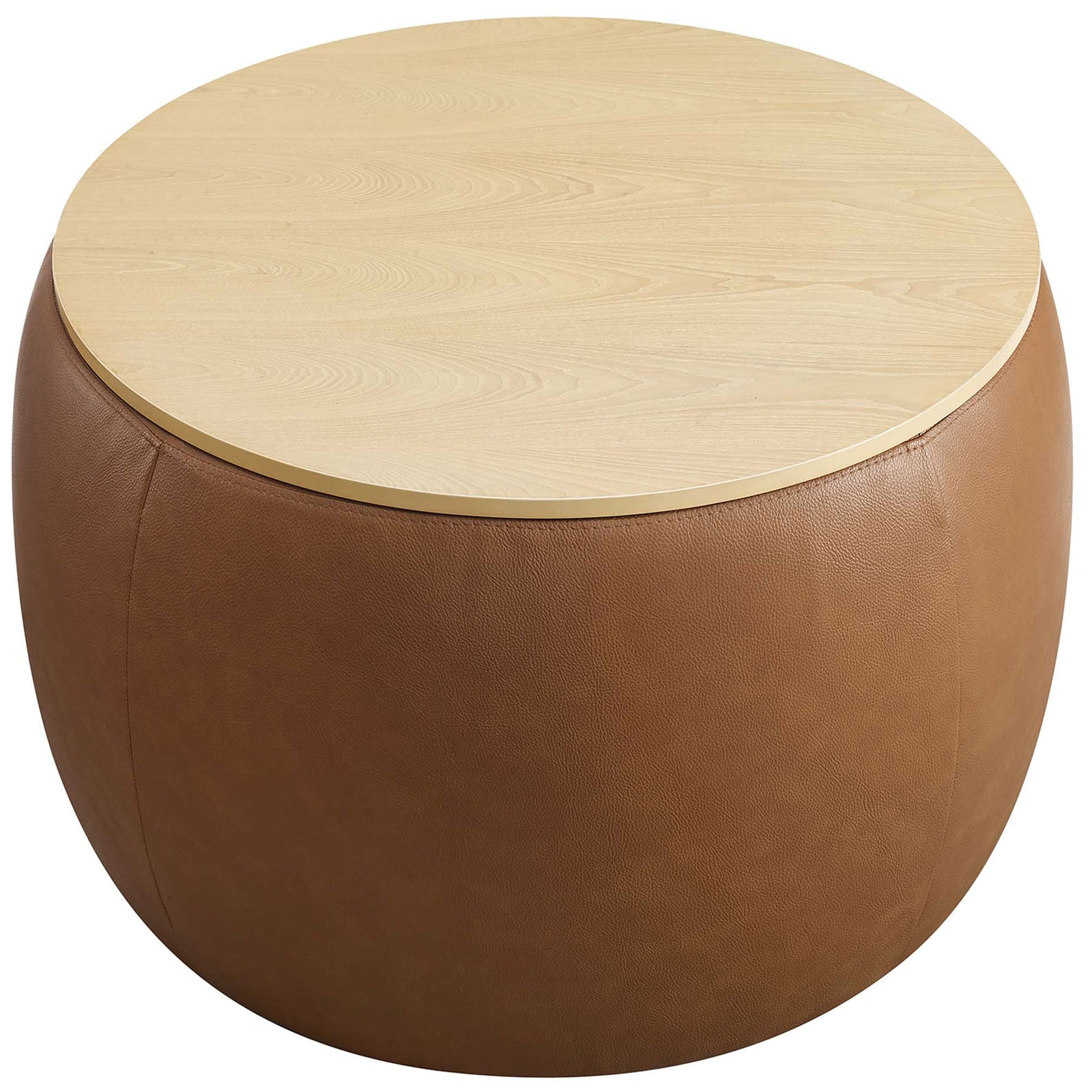 Tan storage ottoman with round light wood top offering a smooth surface for drinks and decor || EEI-6687-TAN || top_studio