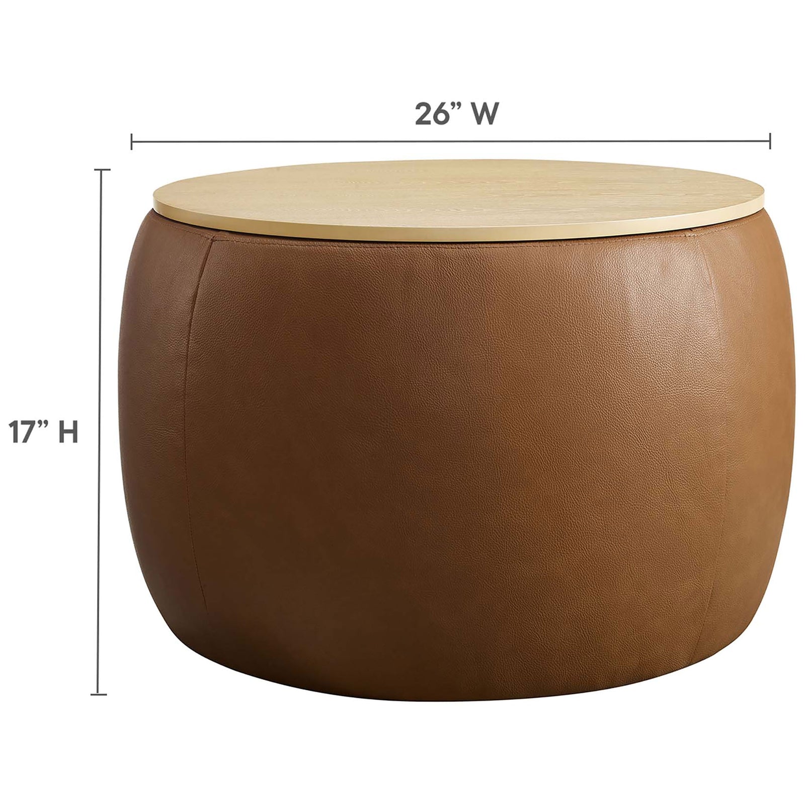 Dimensions of the Perla tan vegan leather storage ottoman measuring 26 inches wide by 17 inches high || EEI-6687-TAN || dimension_studio