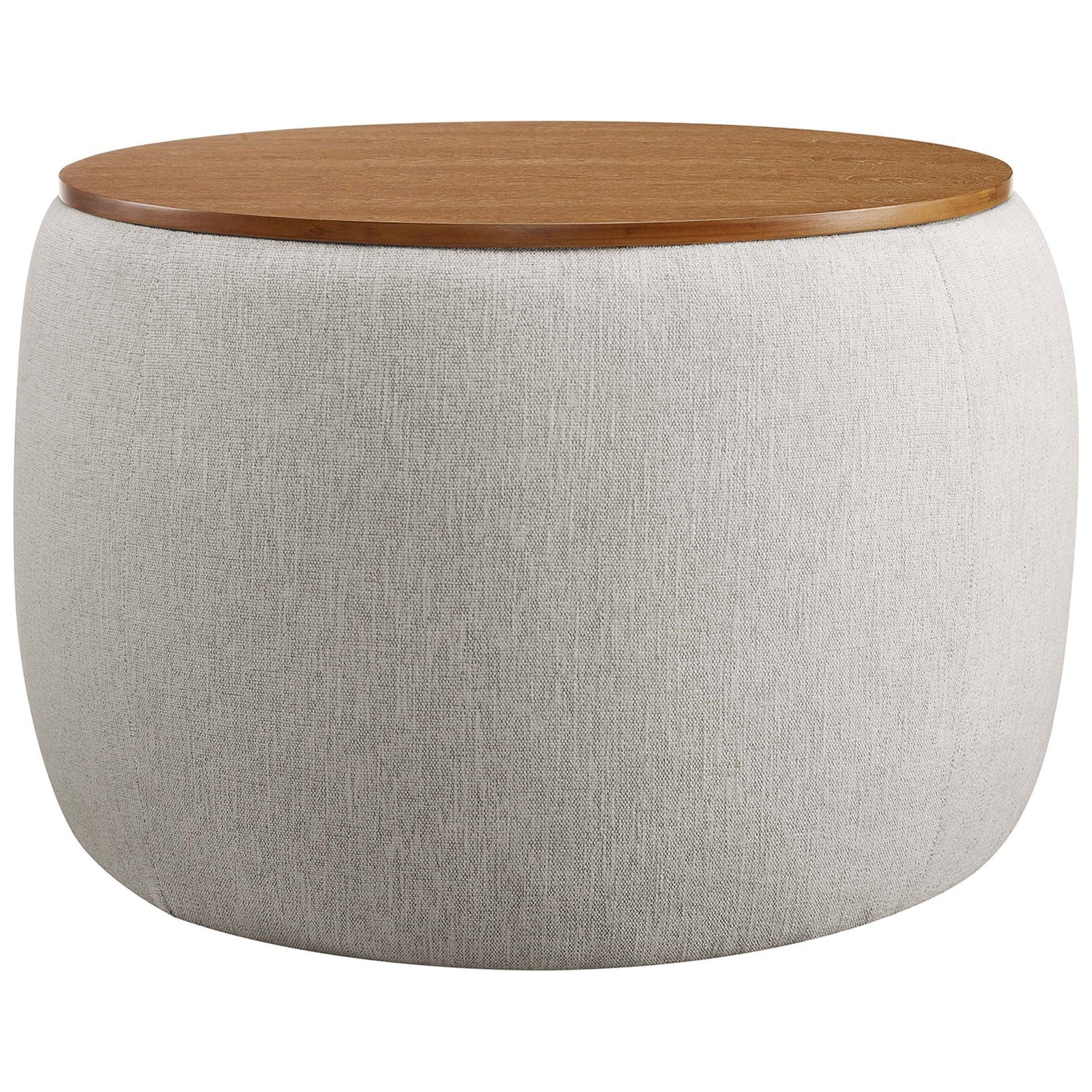 Round ivory storage ottoman with wood grain tray lid and smooth heathered upholstery || EEI-6688-HEI || front_angle_studio