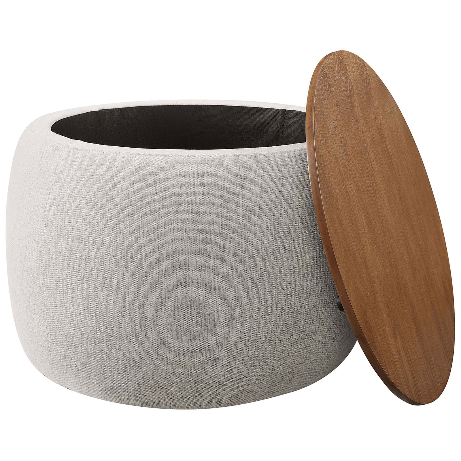 Ivory fabric storage ottoman with removable wood lid revealing spacious lined compartment || EEI-6688-HEI || front_angle_open_studio