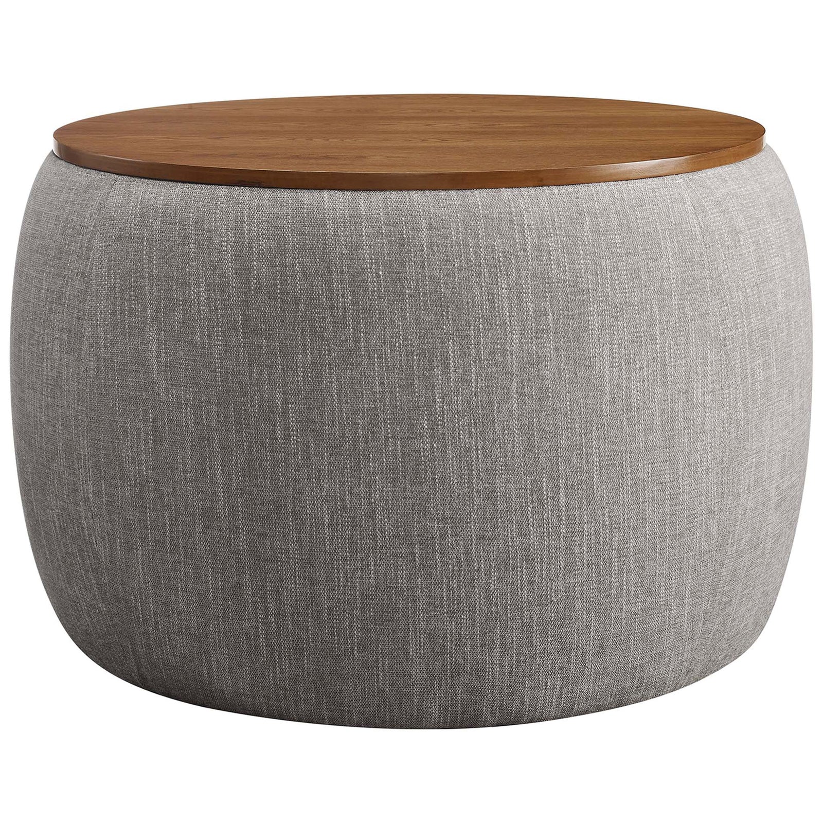 Rounded heathered wheat storage ottoman with smooth wood veneer top for modern living rooms || EEI-6688-HEW || front_studio