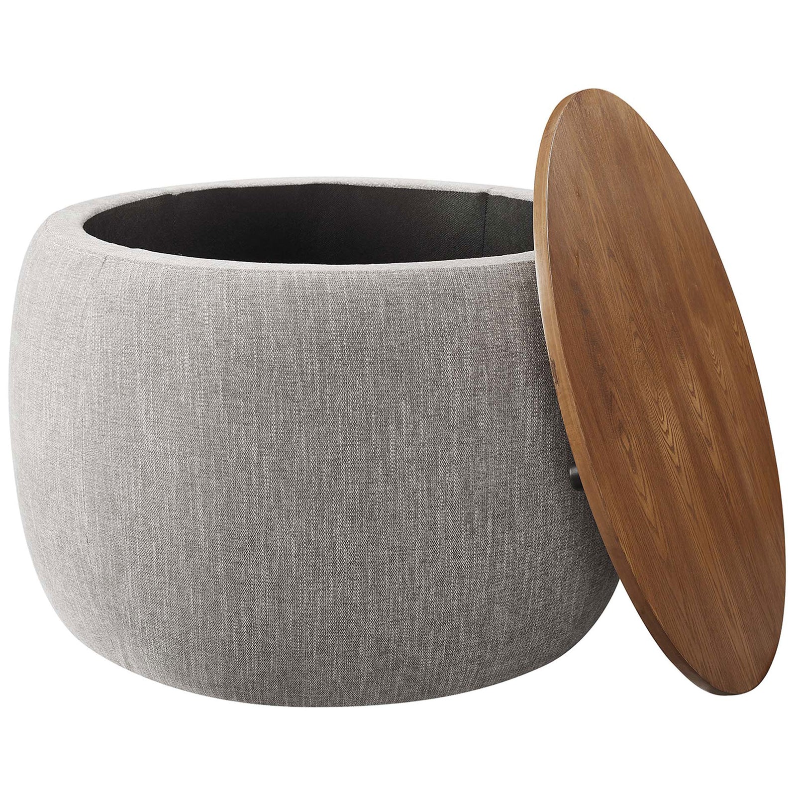 Open round ottoman revealing spacious fabric-lined storage beneath a warm wood grain lid || EEI-6688-HEW || front_angle_open_studio
