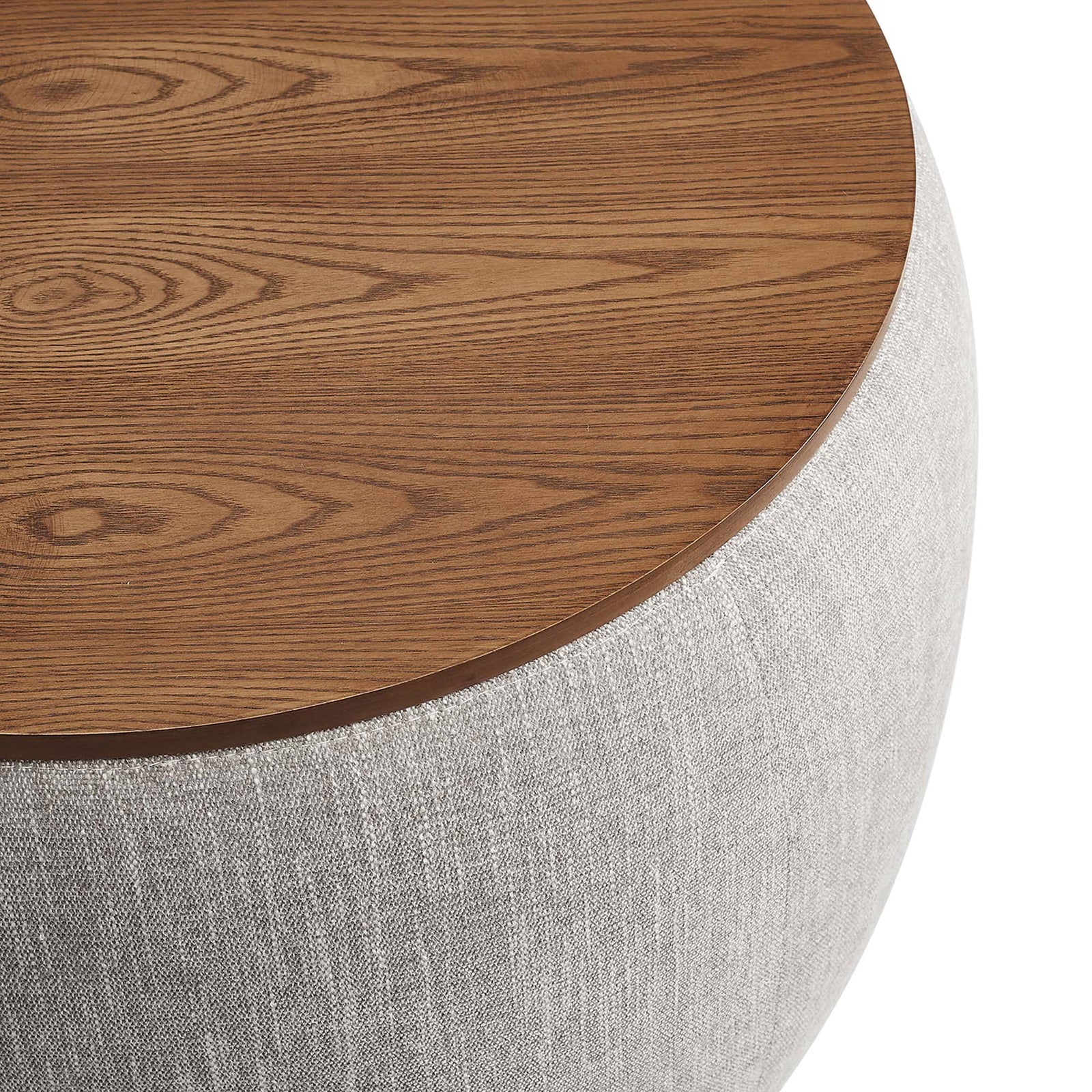 Close view of the rich wood grain lid meeting the softly textured heathered fabric base || EEI-6688-HEW || detail_studio