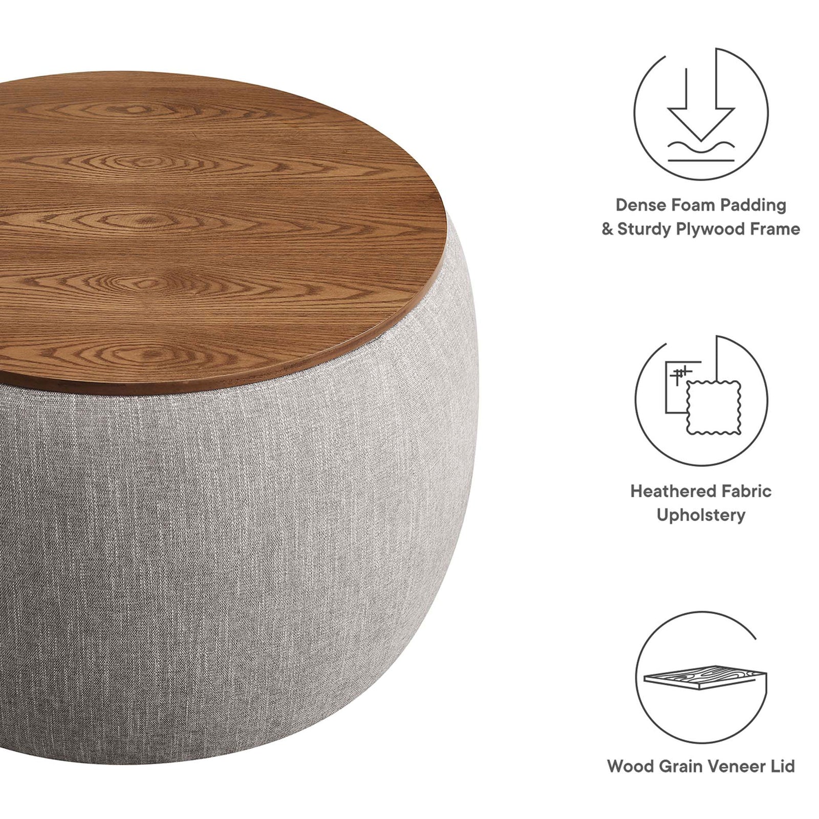 Feature graphic showing ottoman with icons for dense foam, heathered upholstery, and wood veneer lid || EEI-6688-HEW || callout_studio