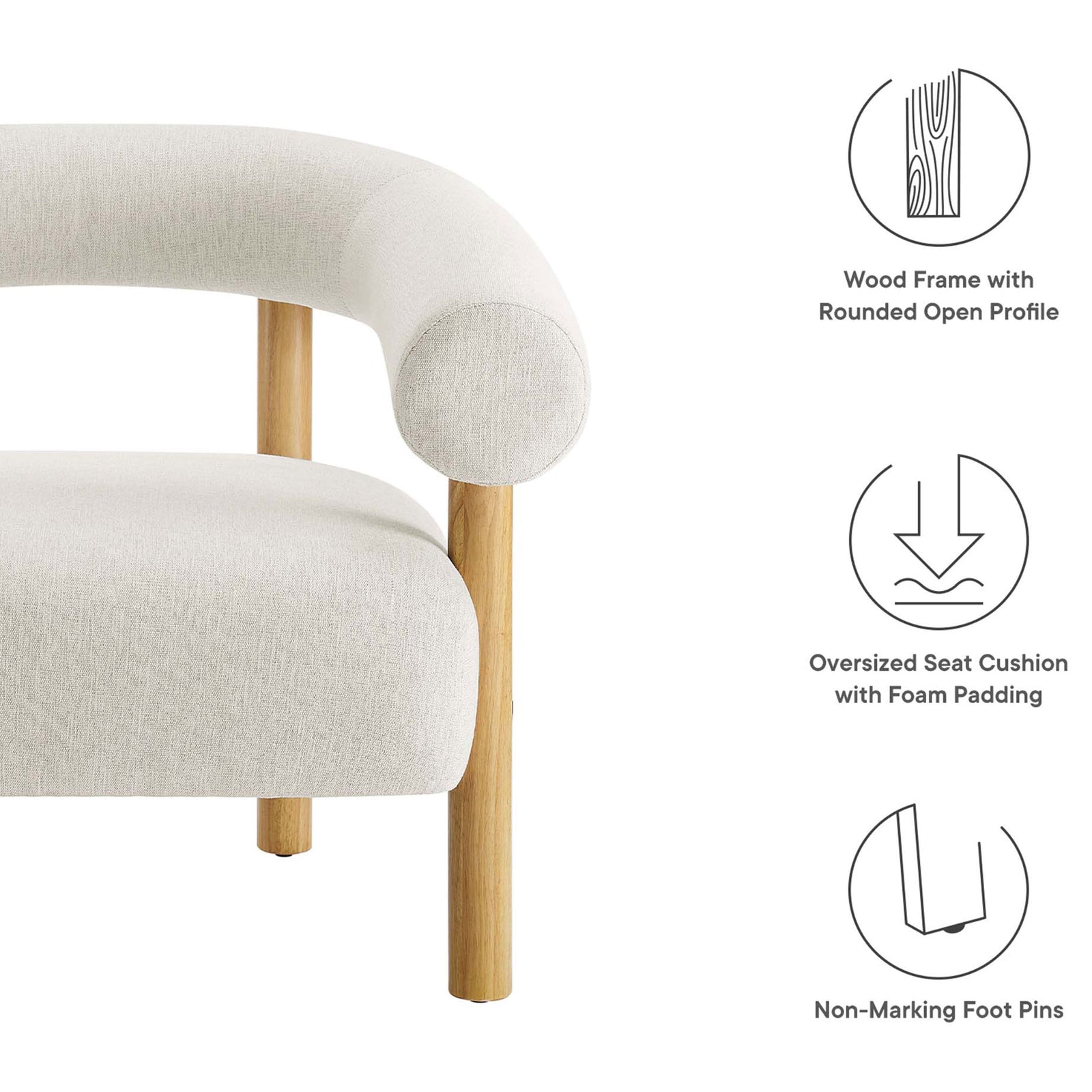 Rounded open profile with foam-padded oversized seat and non-marking foot pins || EEI-6689-IVO-NAT || callout_studio