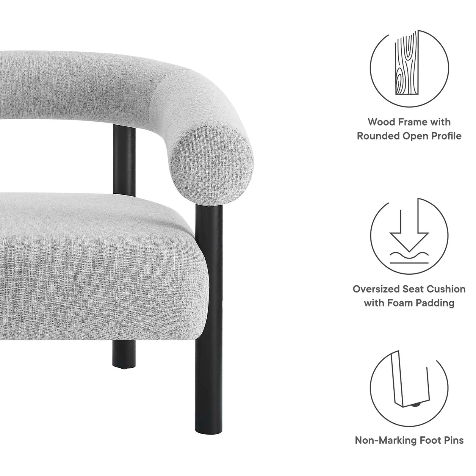 Highlighted features include a durable wood frame, foam-padded seat, and floor-friendly foot pins || EEI-6689-LGR-BLK || callout_studio