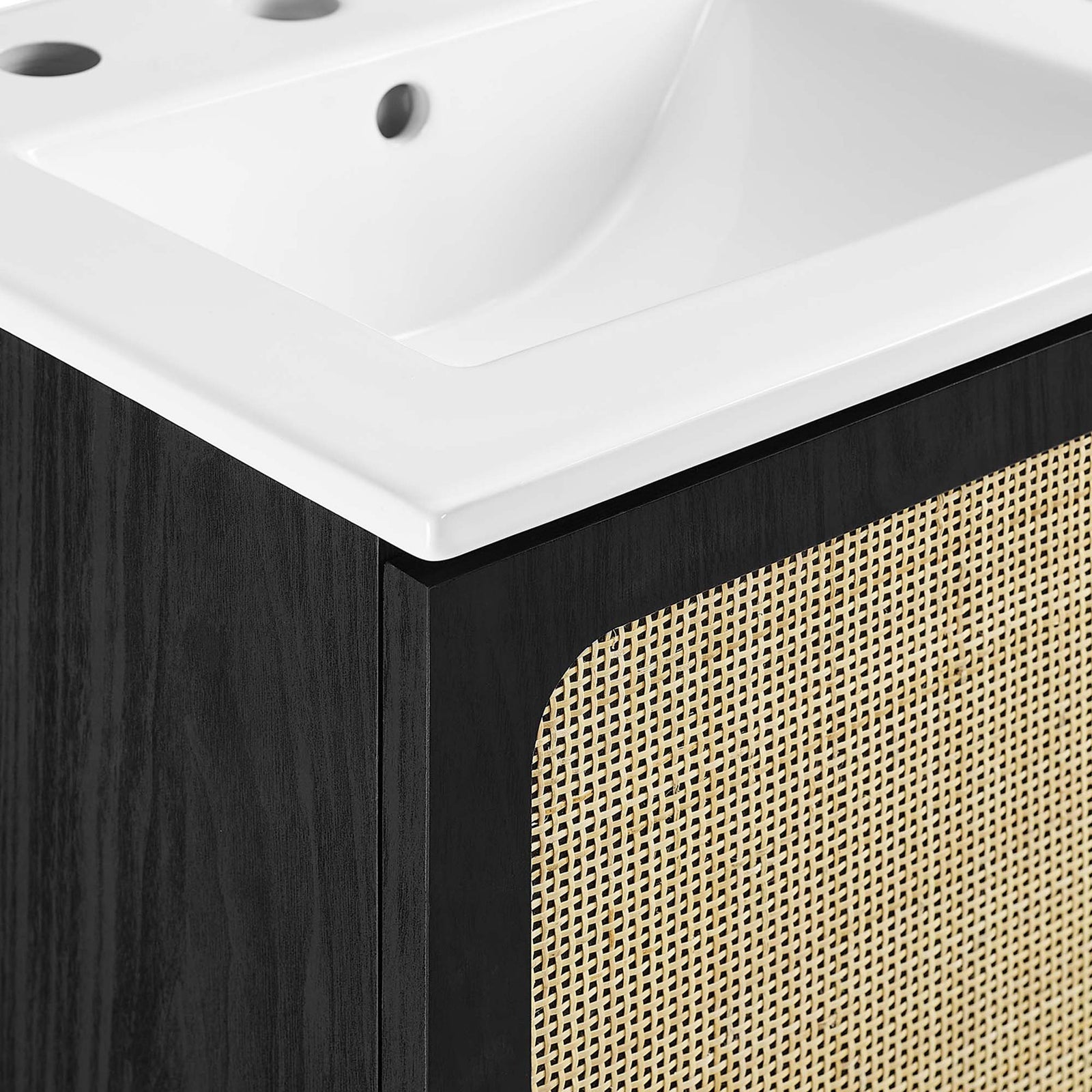 Smooth ceramic counter meets the rattan door panel for striking textural contrast || EEI-6691-BLK-WHI || detail_studio