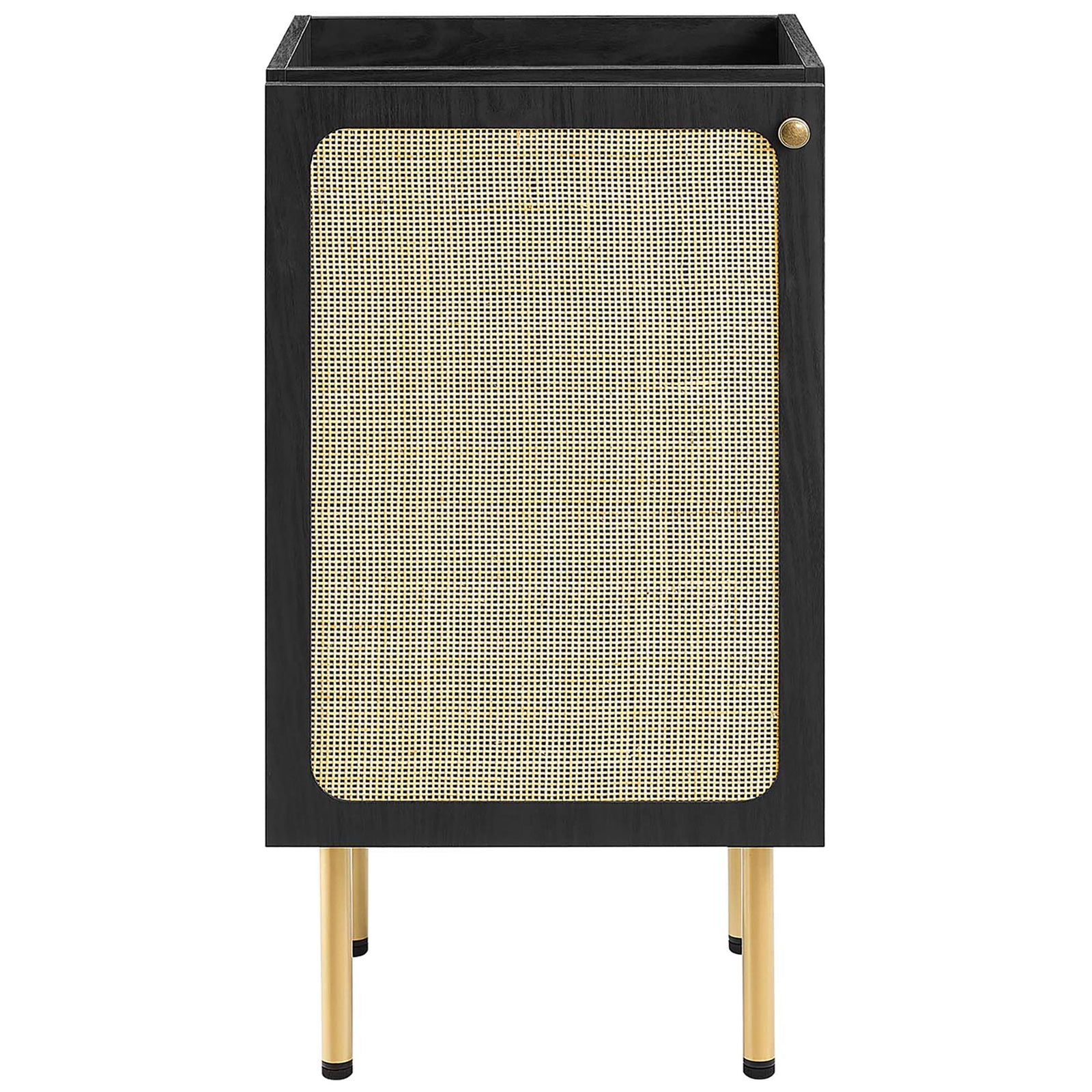 Compact vanity cabinet with woven rattan door, brass knob, and slender gold legs || EEI-6691-BLK-WHI || front_partial_studio