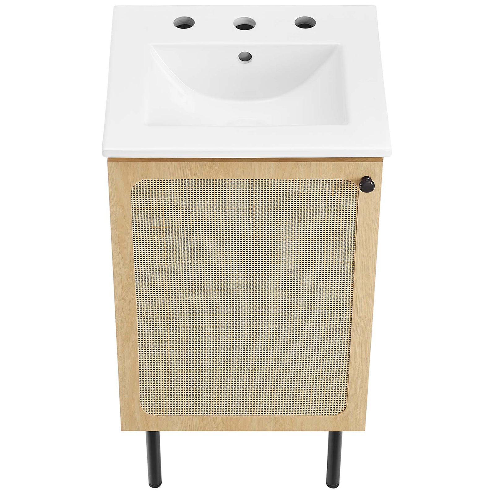 Integrated ceramic sink maximizes counter space on a small-footprint cabinet || EEI-6691-OAK-WHI || top_angle_studio