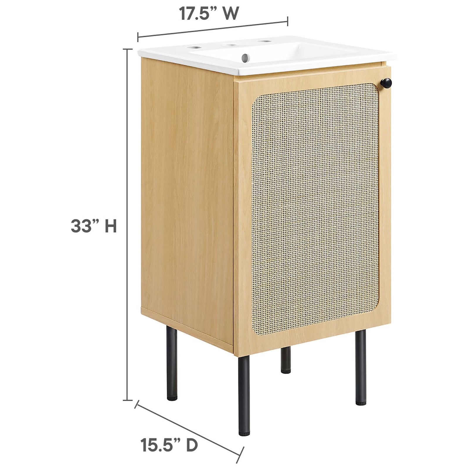 Space-saving 18-inch vanity sized to fit tight baths and powder rooms || EEI-6691-OAK-WHI || dimension_studio