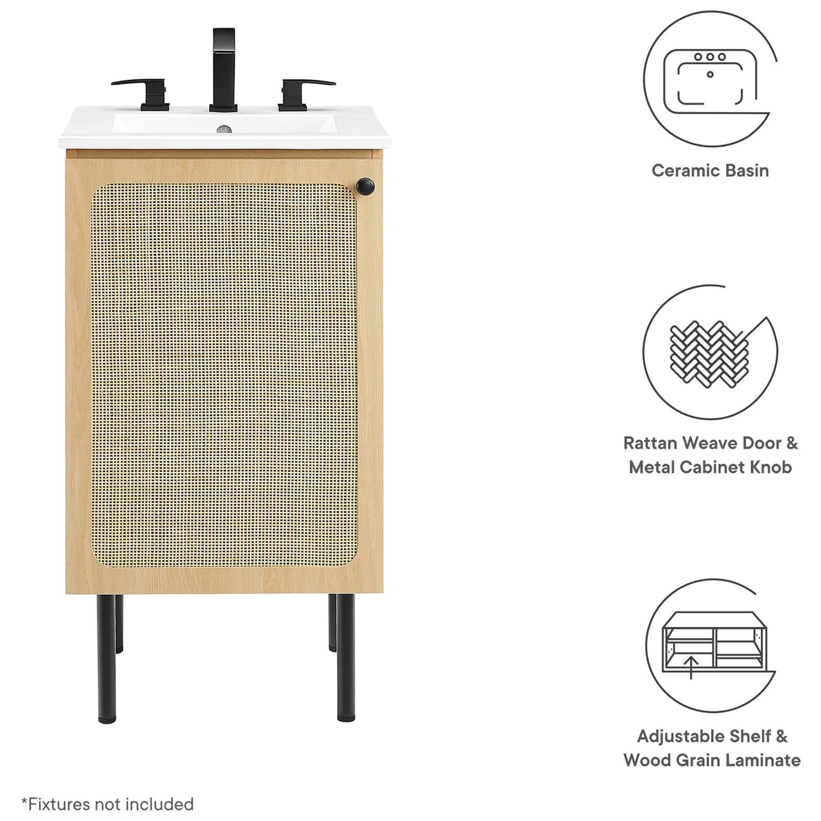 Key features: ceramic basin, rattan door, adjustable shelf, and wood grain finish || EEI-6691-OAK-WHI || callout_studio