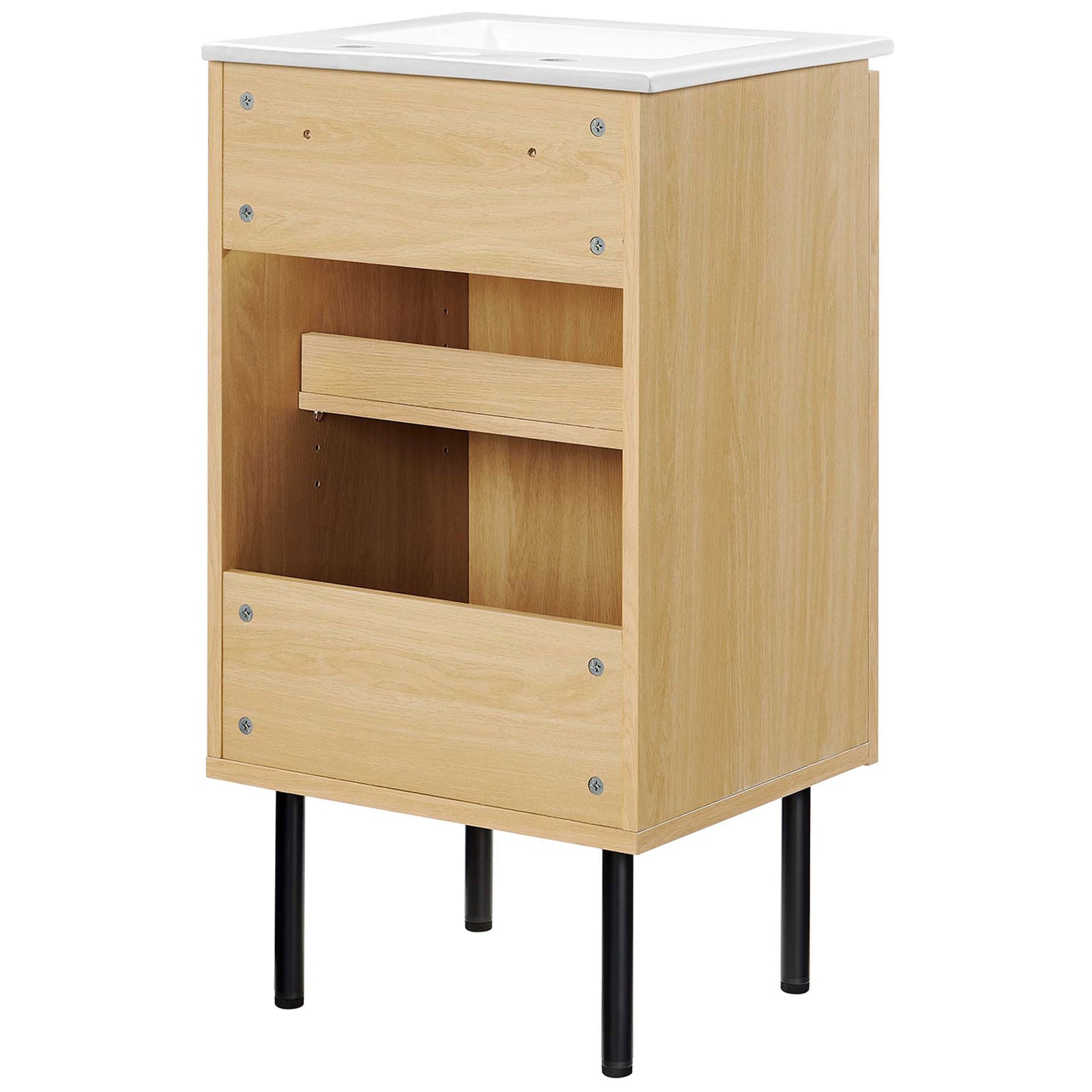 Open back panel and interior framing simplify plumbing access for easy setup || EEI-6691-OAK-WHI || back_angle_studio