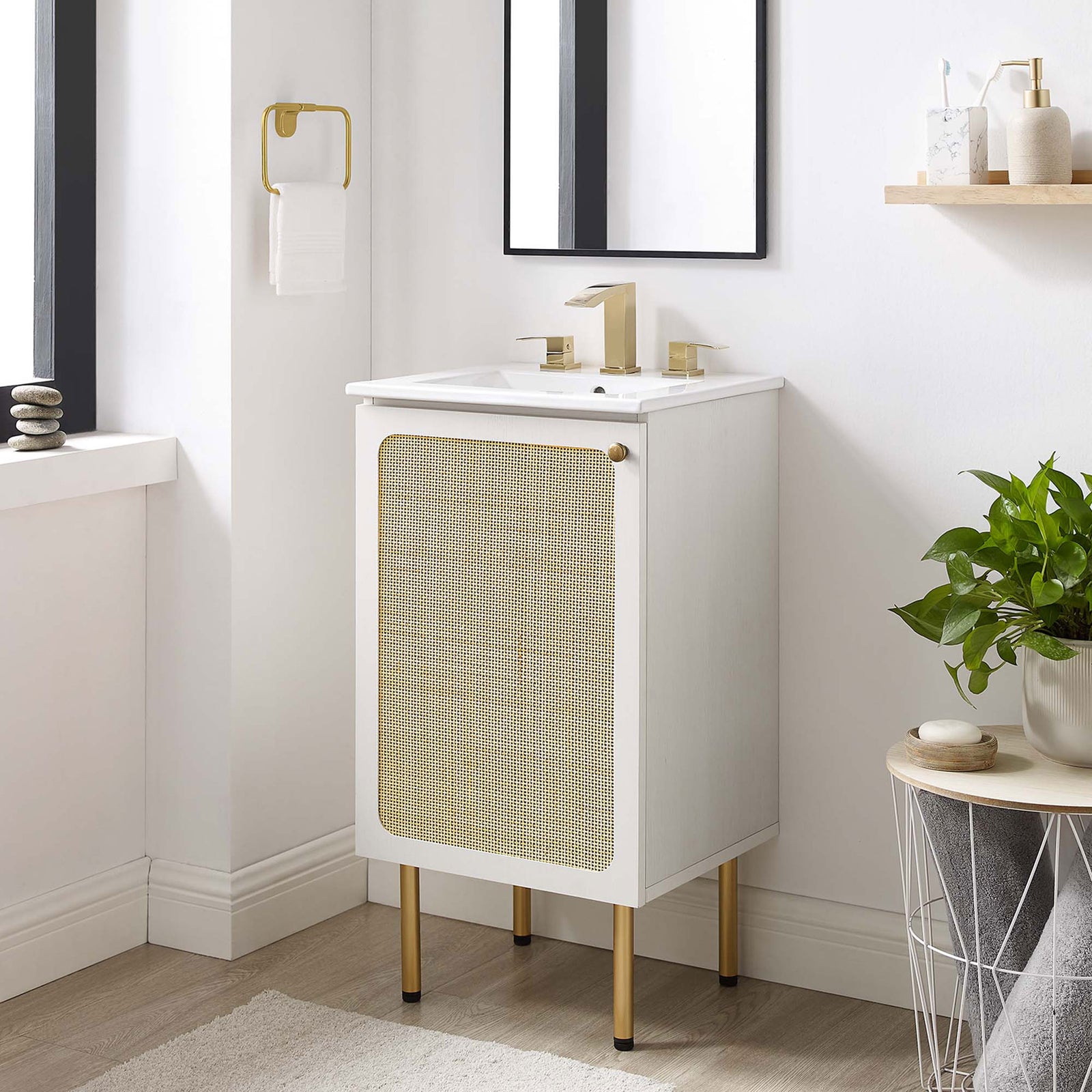 Stylish vanity elevates small baths with rattan texture and gold accents || EEI-6691-WHI-WHI || front_angle_room