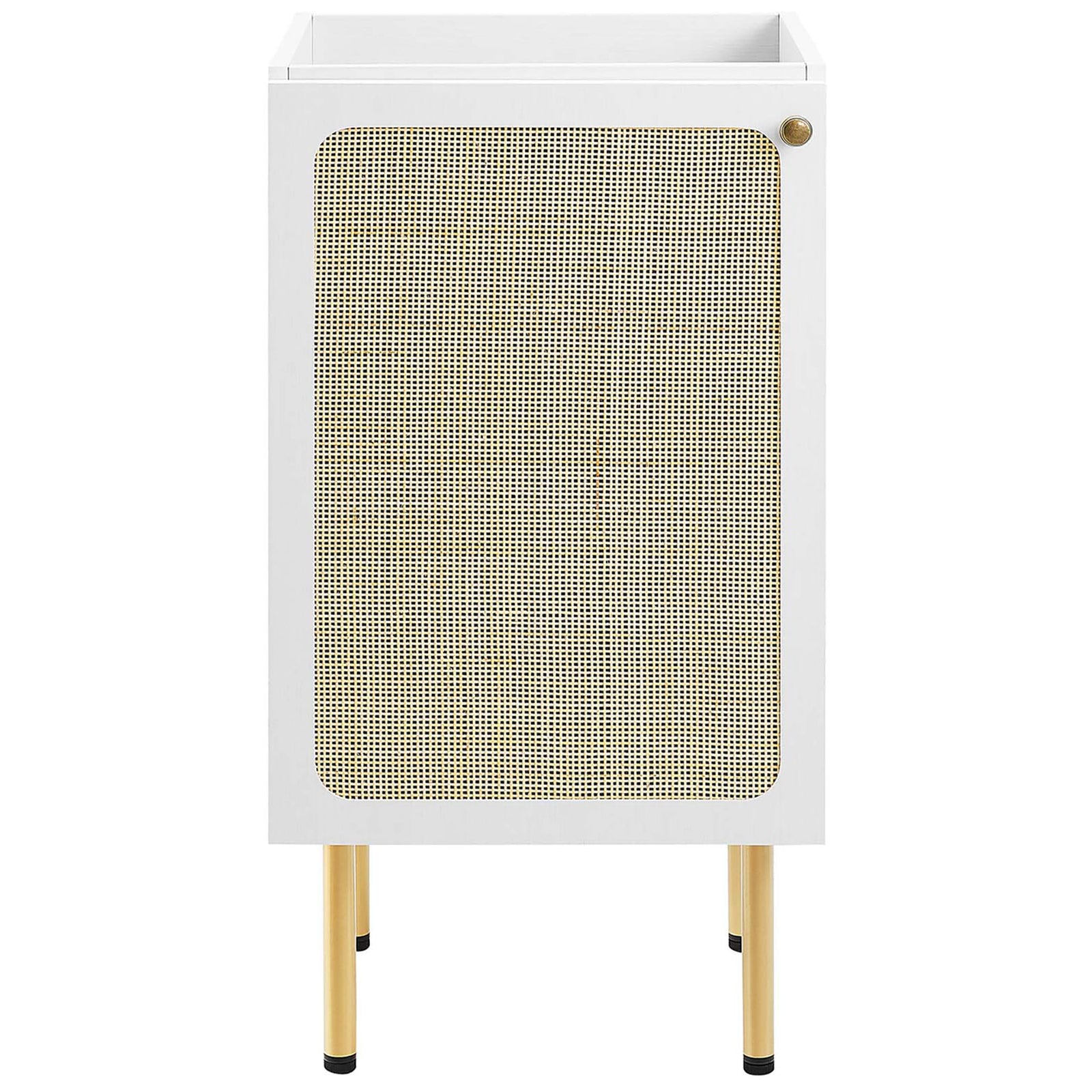 Single-door vanity cabinet with woven rattan panel and round metal knob || EEI-6691-WHI-WHI || front_partial_studio