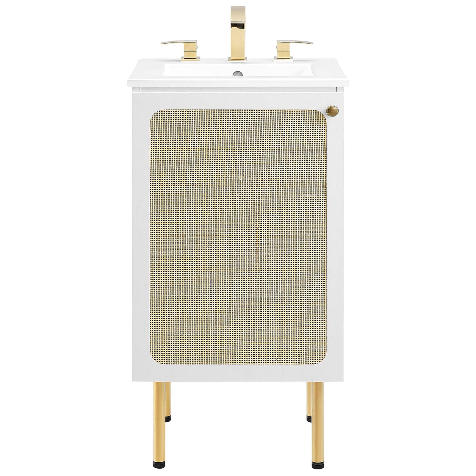 Modern vanity with woven rattan door and ceramic sink for a refined, organic look || EEI-6691-WHI-WHI || front_studio