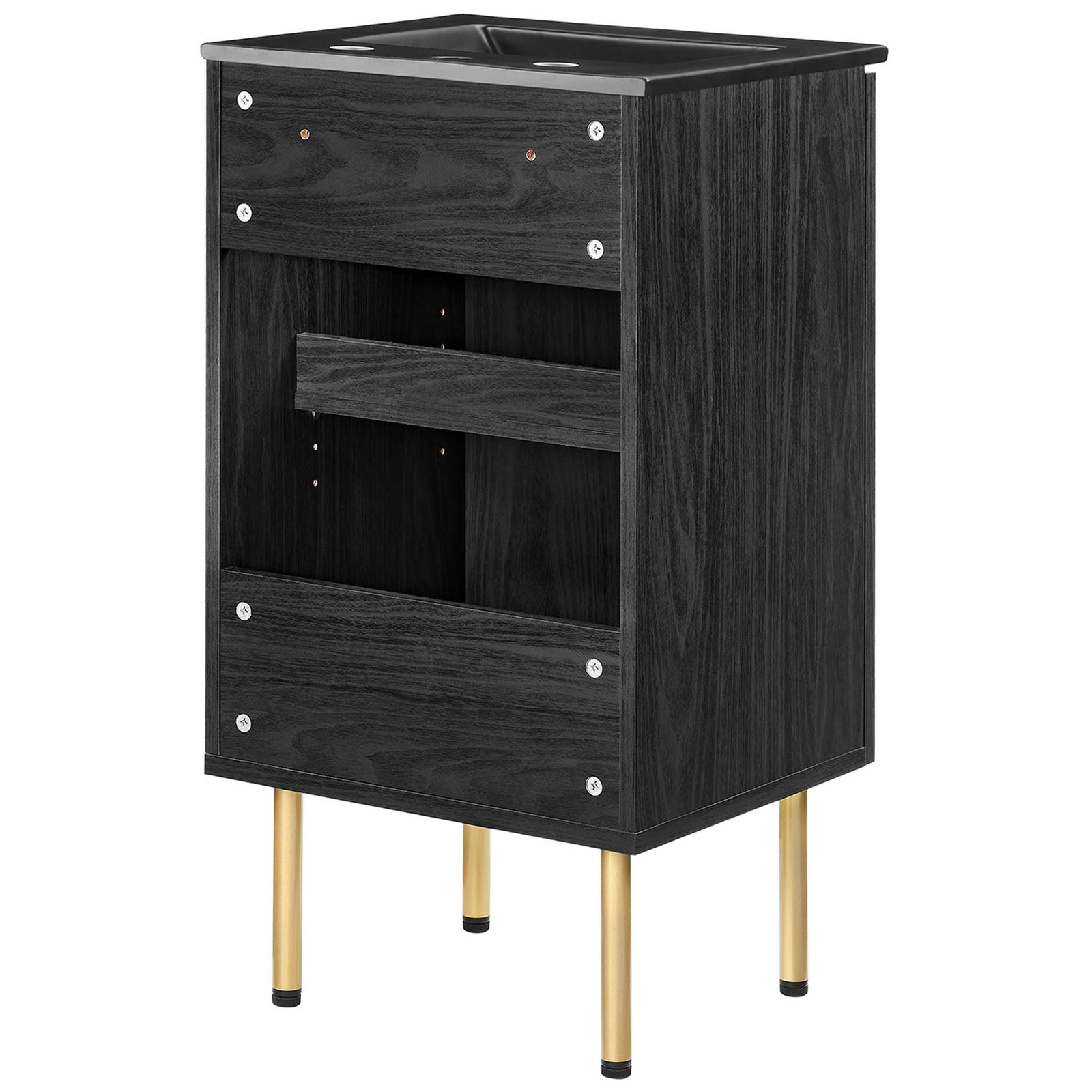 Black vanity with open back panel for easy plumbing access and gold legs || EEI-6692-BLK-BLK || back_studio