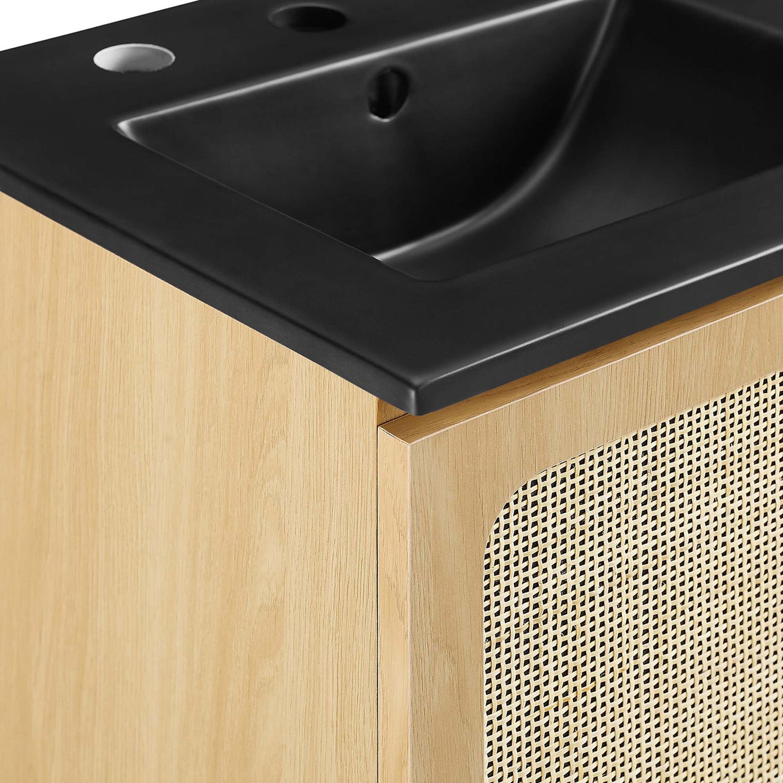Crisp ceramic edge meets light oak grain and woven rattan for rich texture and contrast || EEI-6692-OAK-BLK || detail_studio