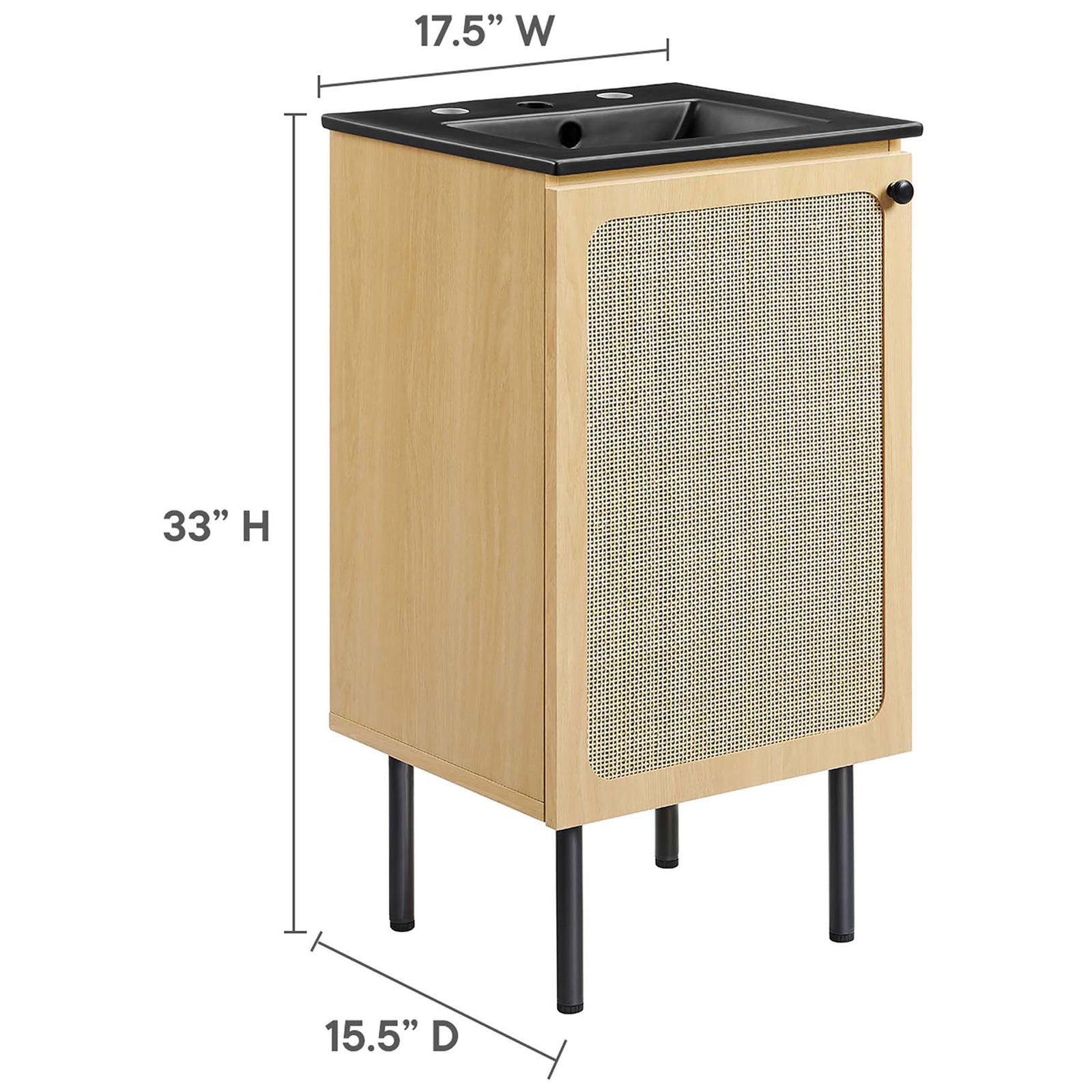 Compact 18-inch vanity sized for small bathrooms, 33 inches tall, 17.5 inches wide, 15.5 inches deep || EEI-6692-OAK-BLK || dimension_studio