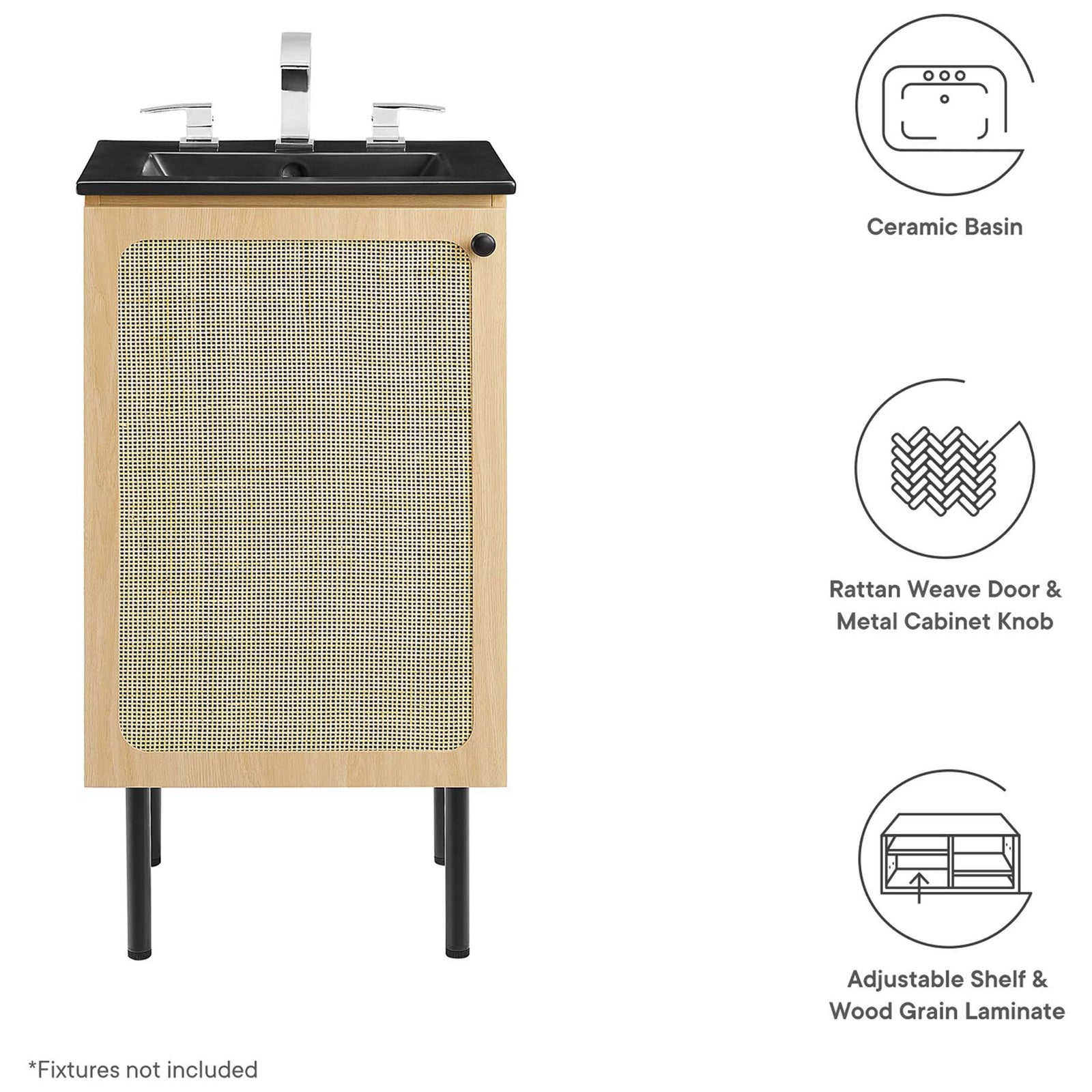 Features ceramic basin, rattan weave door with metal knob, and adjustable shelf with wood grain laminate || EEI-6692-OAK-BLK || callout_studio