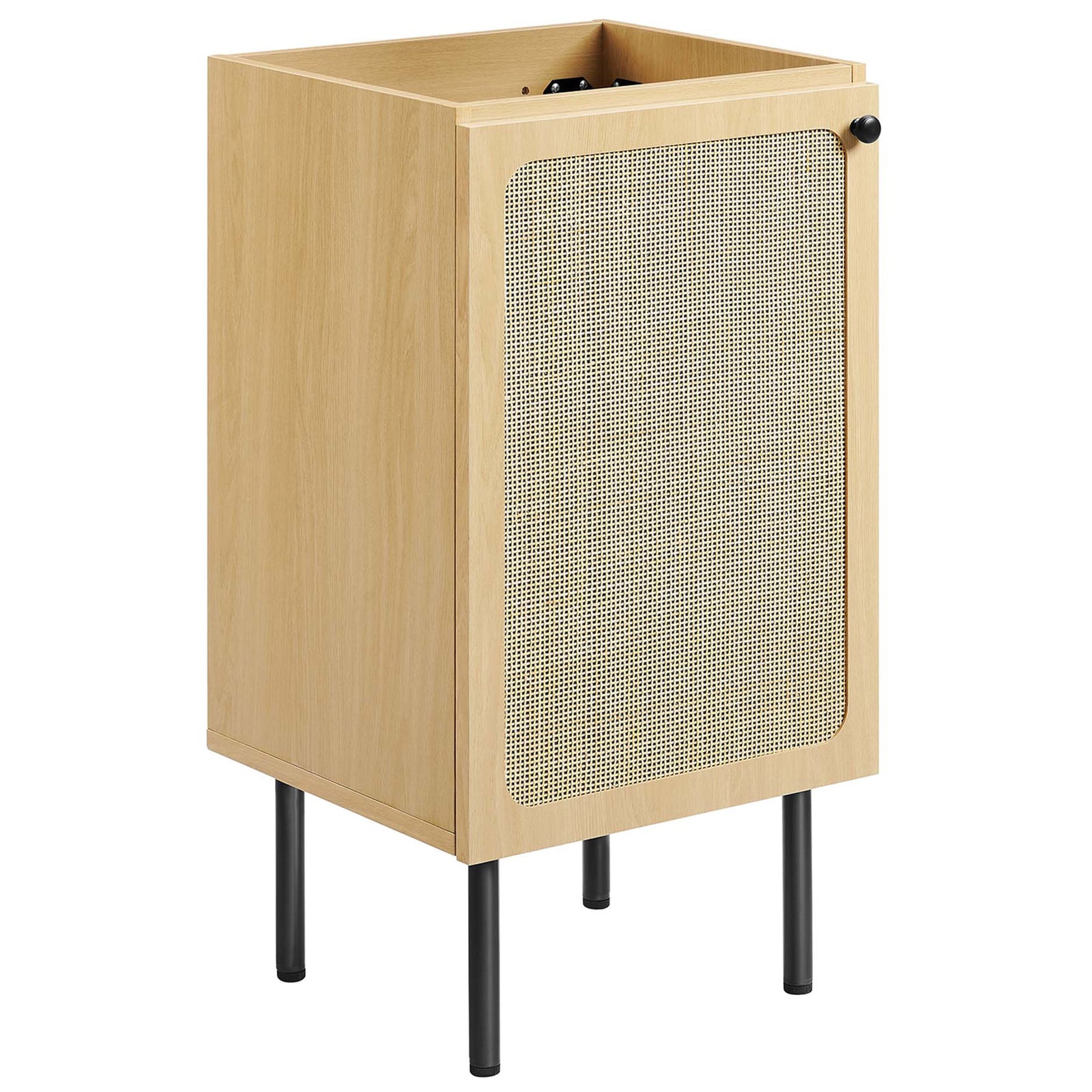 Oak vanity cabinet with woven rattan door and round black knob, sink removed for easy install || EEI-6692-OAK-BLK || front_angle_partial_studio