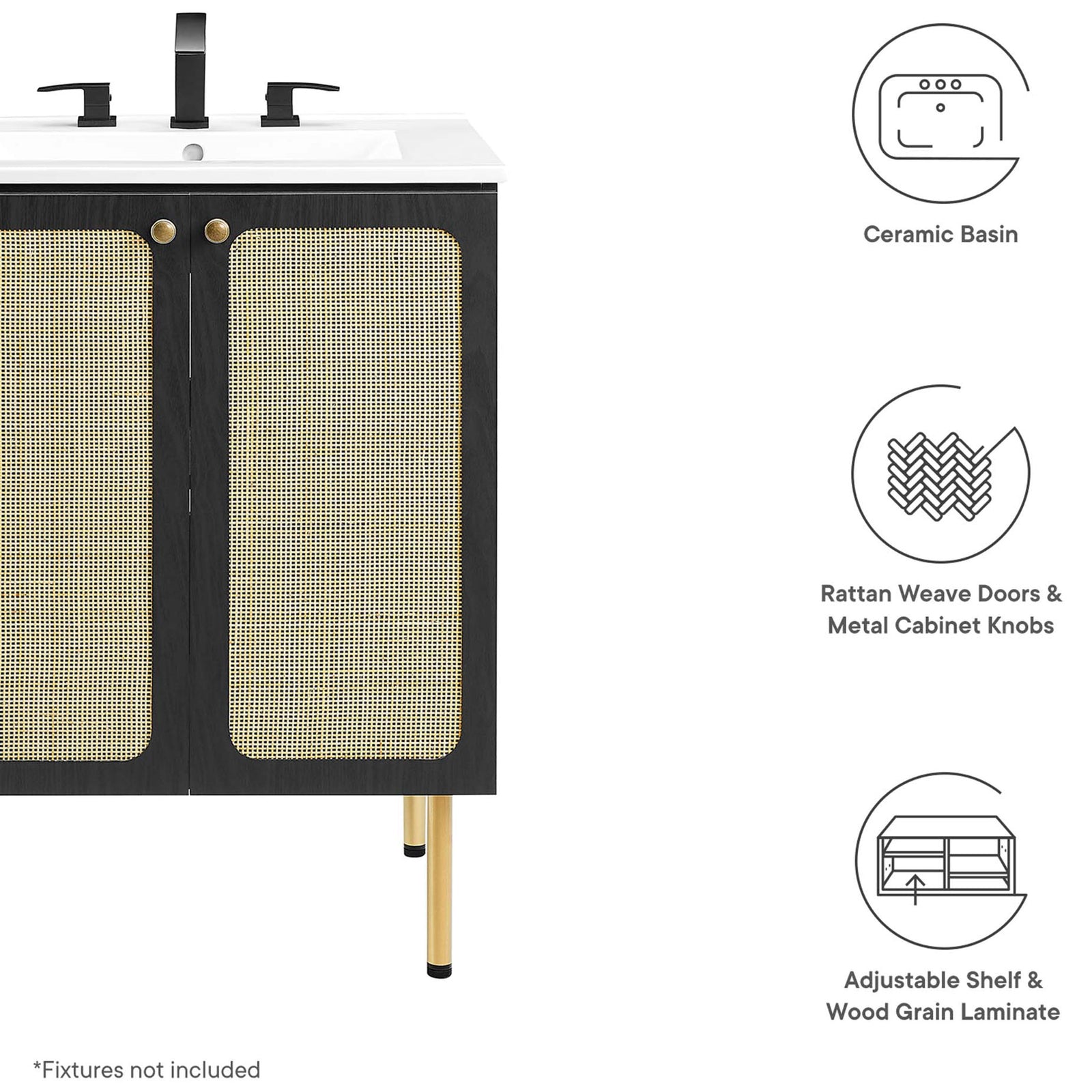 Feature highlights including ceramic basin, rattan weave doors, and adjustable shelf || EEI-6693-BLK-WHI || callout_studio