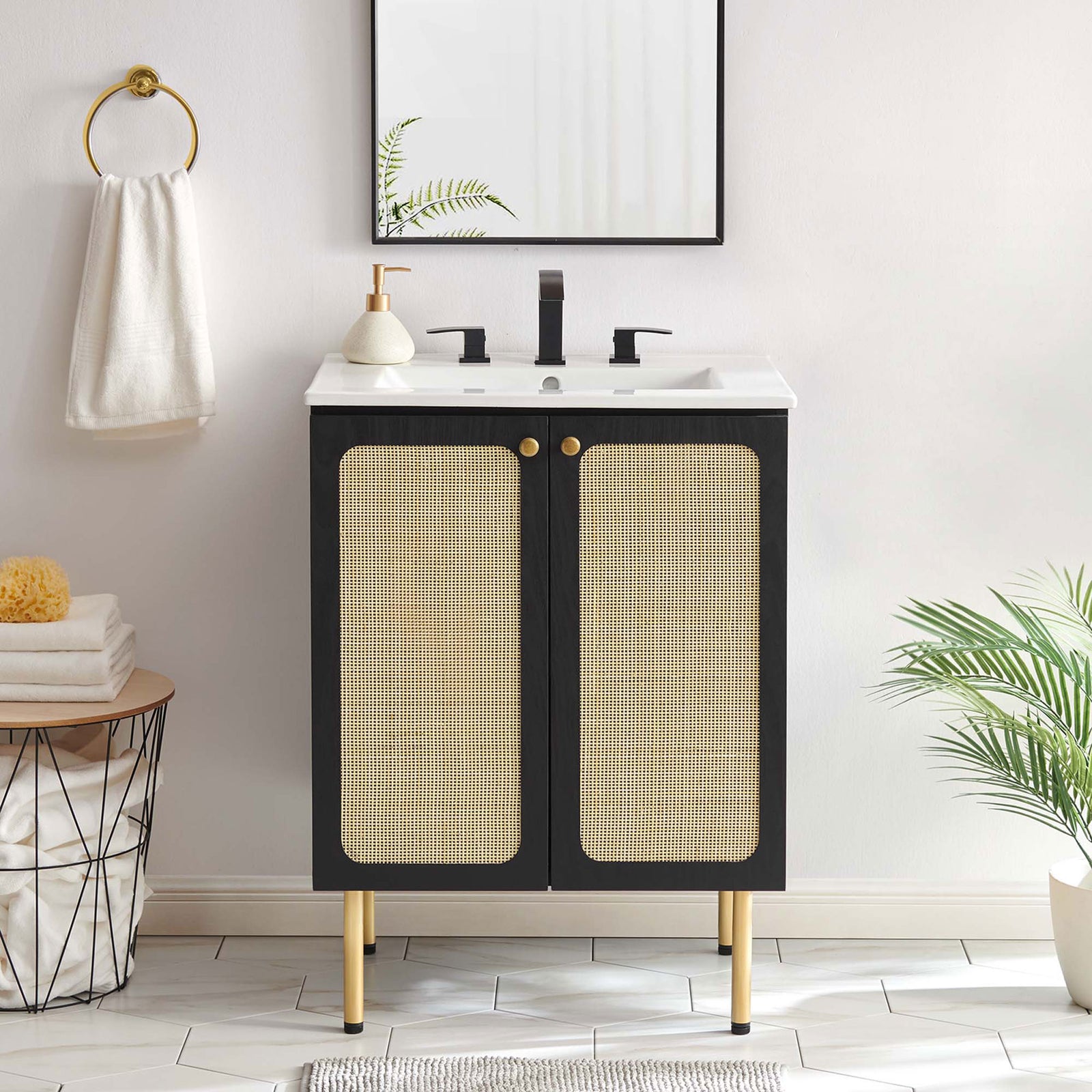 Refined vanity elevates the bath with woven rattan doors, gold accents, and a white top || EEI-6693-BLK-WHI || front_room