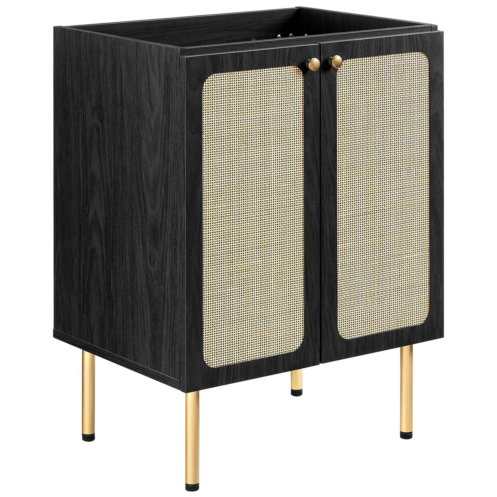 Rattan-front cabinet brings warmth and texture to a modern black frame || EEI-6693-BLK-WHI || front_angle_partial_studio