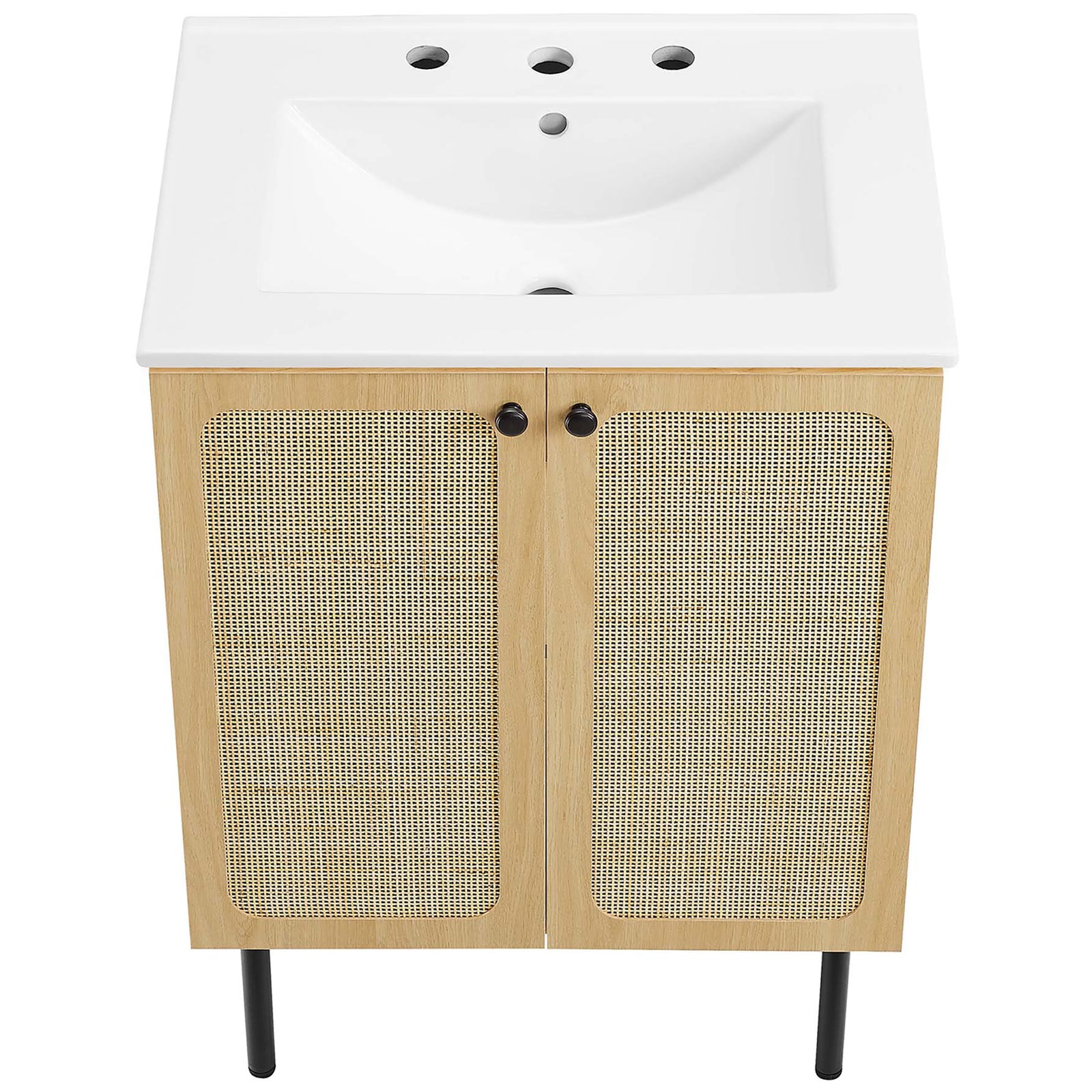 Wide ceramic counter with gently sloped basin and triple faucet holes tops the rattan cabinet || EEI-6693-OAK-WHI || top_angle_studio