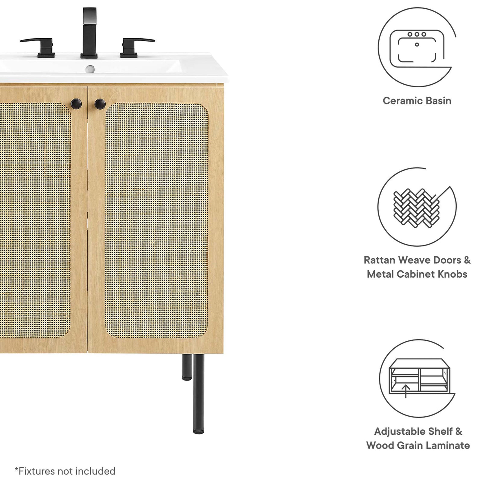 Feature icons highlight ceramic basin, rattan weave doors, and adjustable shelf || EEI-6693-OAK-WHI || callout_studio