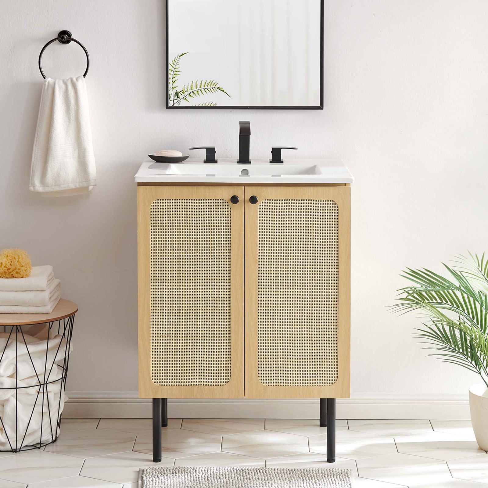 Clean, coastal vanity anchors the bath with rattan doors, white ceramic sink, and airy oak finish || EEI-6693-OAK-WHI || front_room