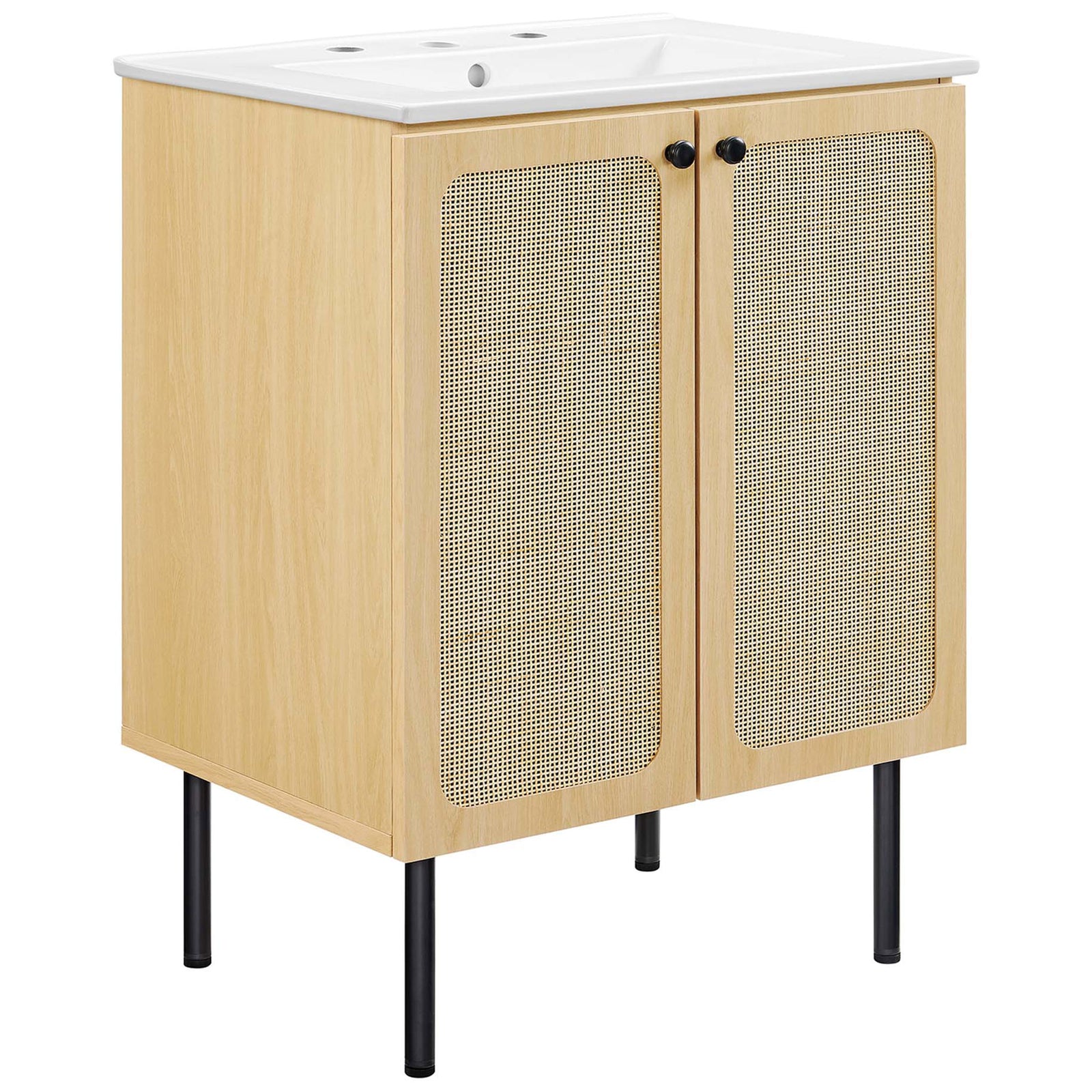24 inch oak vanity brings natural warmth with rattan doors, round black knobs, and a clean ceramic sink || EEI-6693-OAK-WHI || front_angle_studio