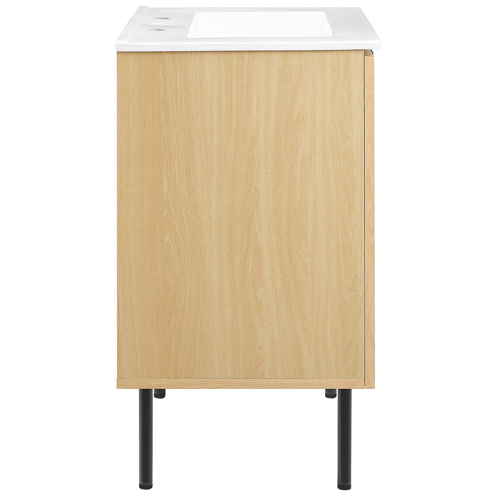 Streamlined oak finish sides and slim black legs create a light, modern vanity profile || EEI-6693-OAK-WHI || side_studio