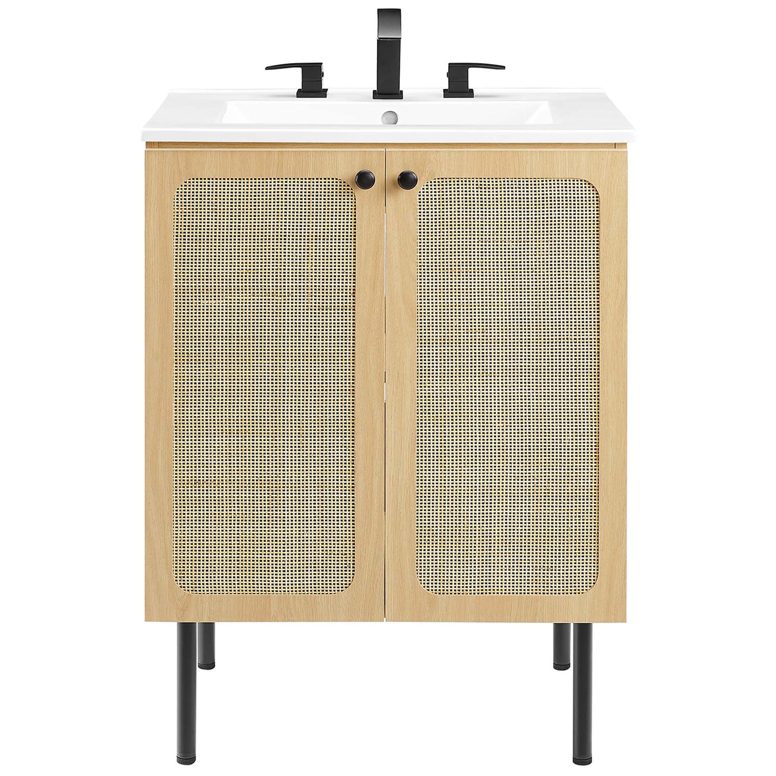 24 inch oak vanity with rattan doors and ceramic sink, styled with modern black hardware || EEI-6693-OAK-WHI || front_studio