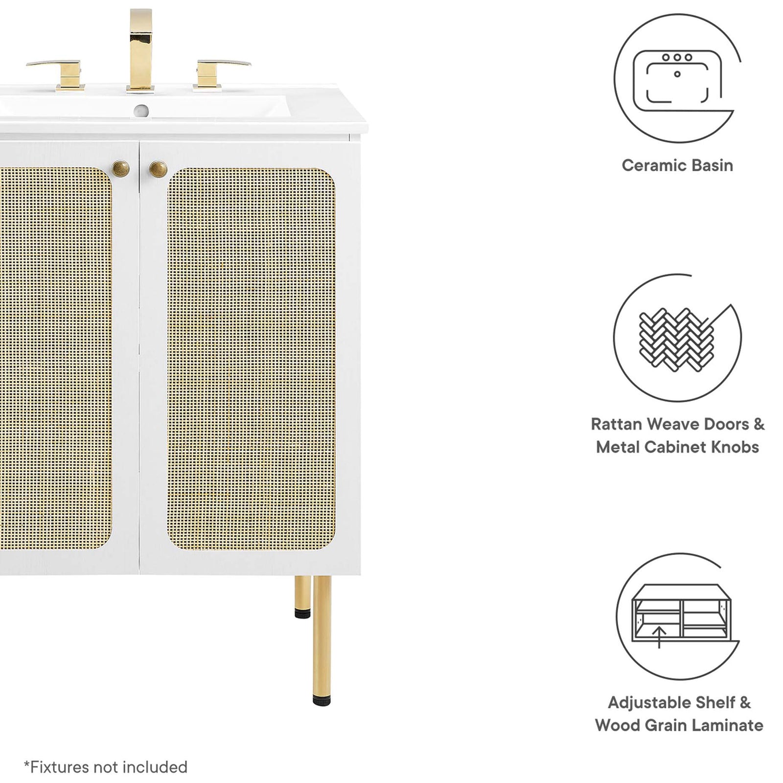 Feature callouts highlight ceramic basin, rattan doors, metal knobs, and adjustable shelf || EEI-6693-WHI-WHI || callout_studio