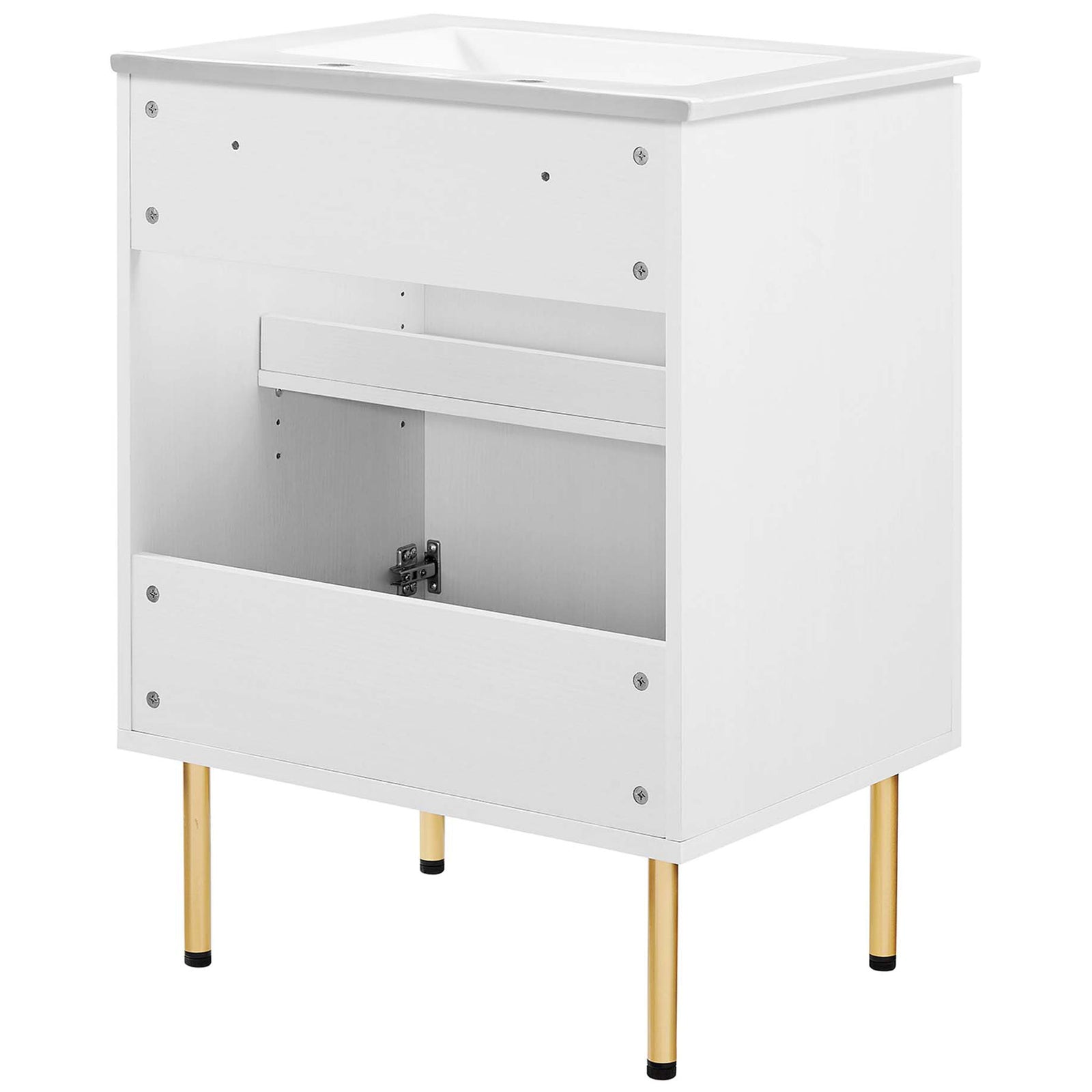 Open back design with plumbing access and sturdy frame on brass-tone legs || EEI-6693-WHI-WHI || back_angle_studio