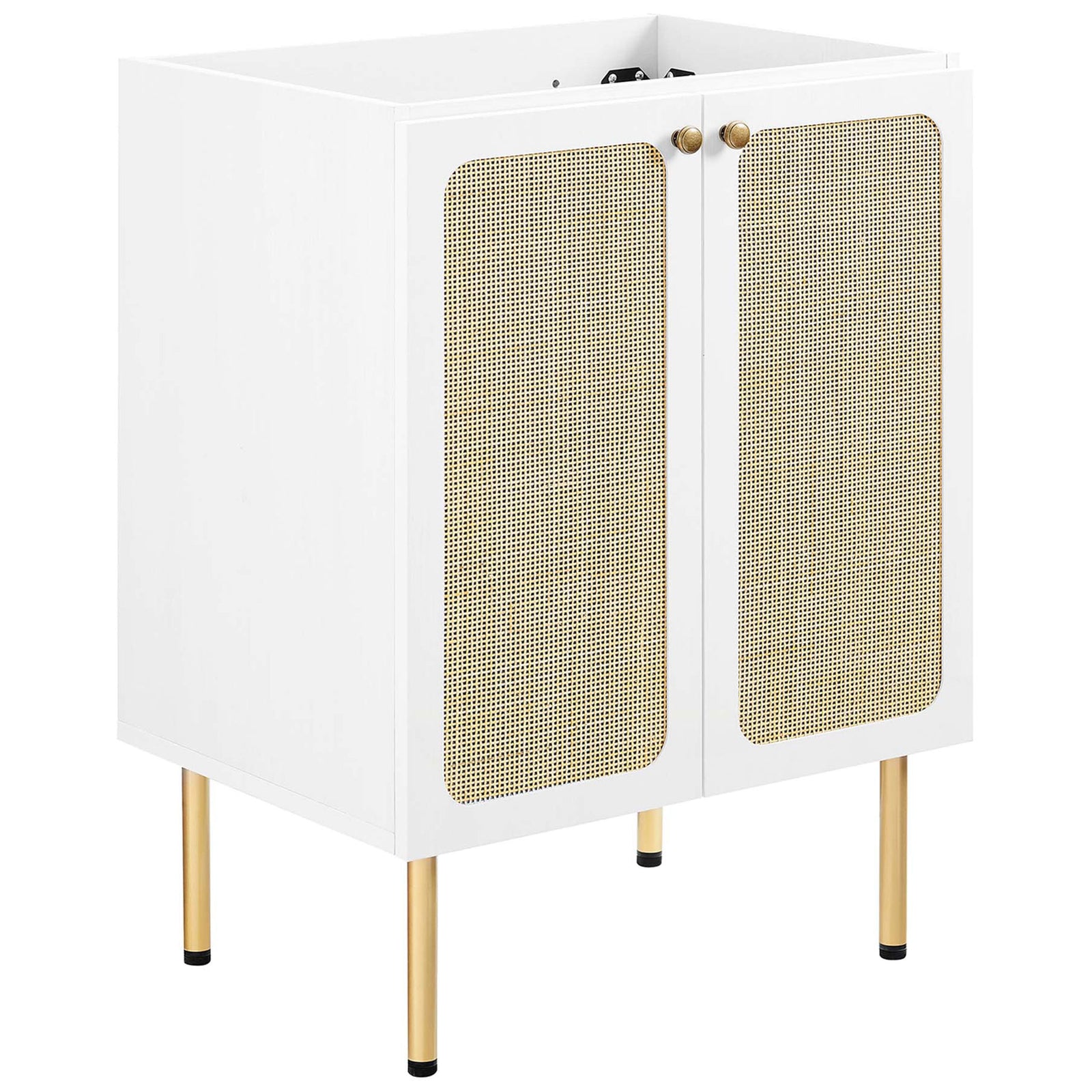 Textured rattan door fronts and slim brass-tone legs lend airy style to the cabinet || EEI-6693-WHI-WHI || front_angle_partial_studio