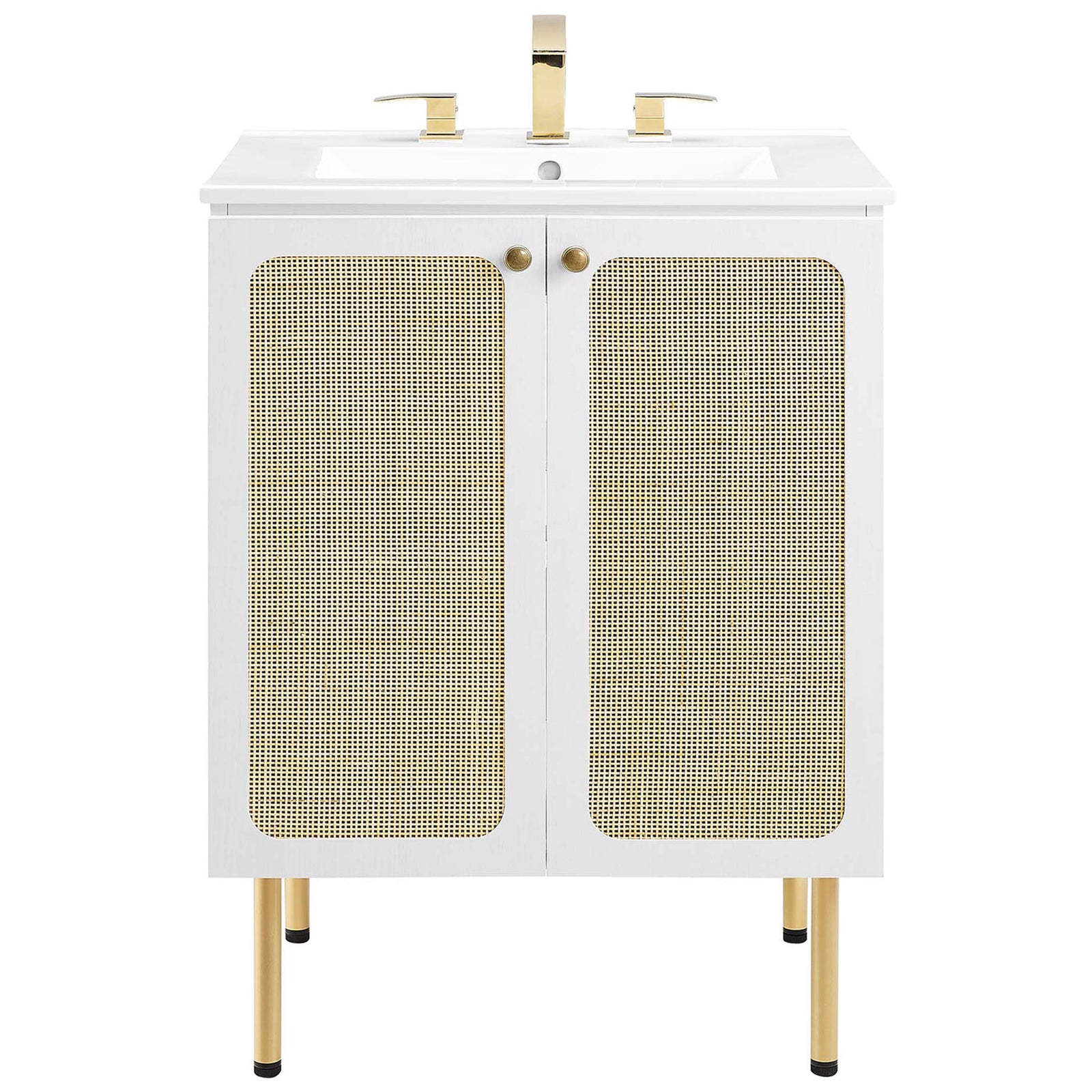 White vanity with rattan-weave doors, round knobs, and brass-tone legs with an integrated ceramic sink || EEI-6693-WHI-WHI || front_studio