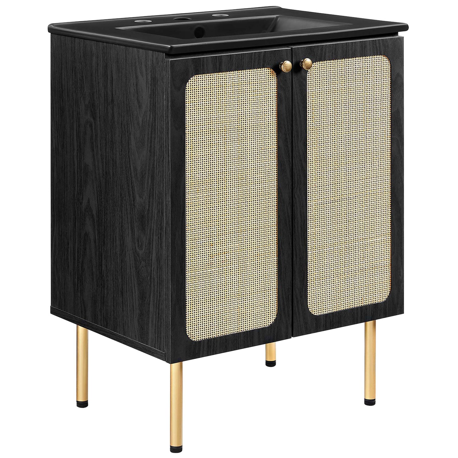 Black vanity blends cane doors and brass knobs with slim gold legs topped by a black ceramic basin || EEI-6694-BLK-BLK || front_angle_studio