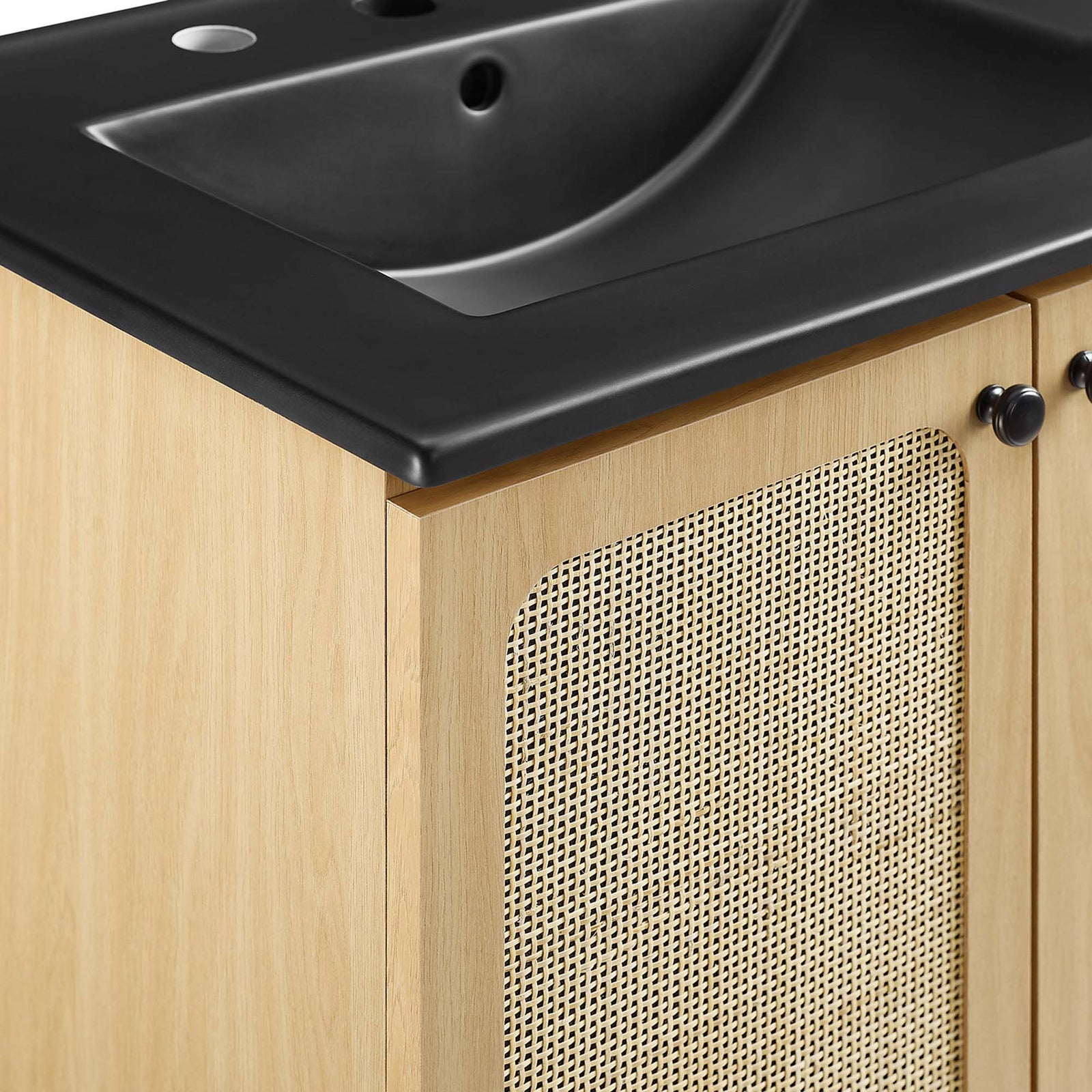 Softly rounded counter edge meets oak veneer and woven cane for refined detail. || EEI-6694-OAK-BLK || detail_studio