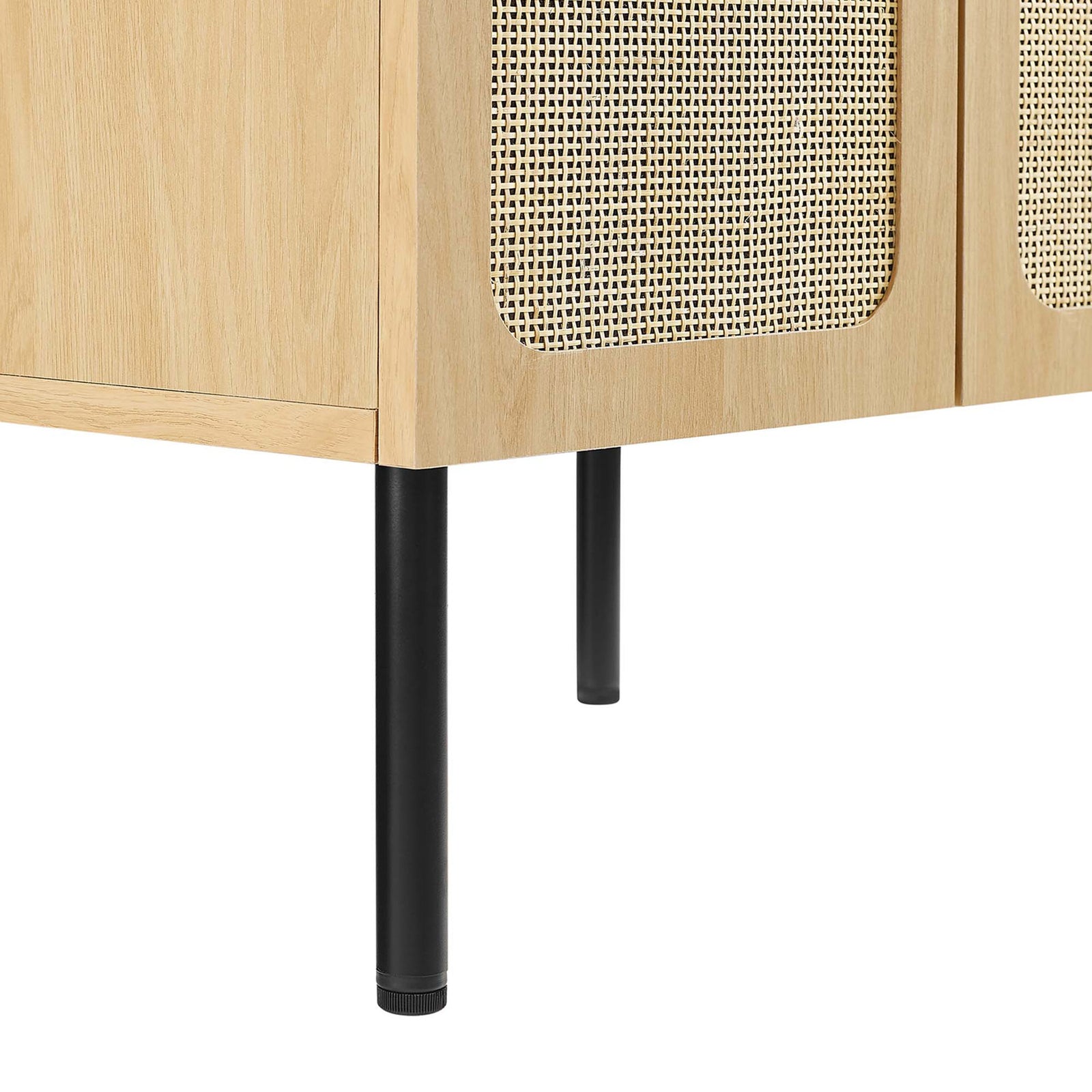 Slim black metal legs add airy lift and modern poise to the vanity base. || EEI-6694-OAK-BLK || leg_studio