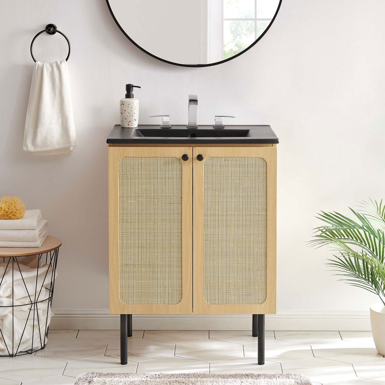 Warm oak tones and a black sink anchor a fresh, modern bathroom look. || EEI-6694-OAK-BLK || front_room