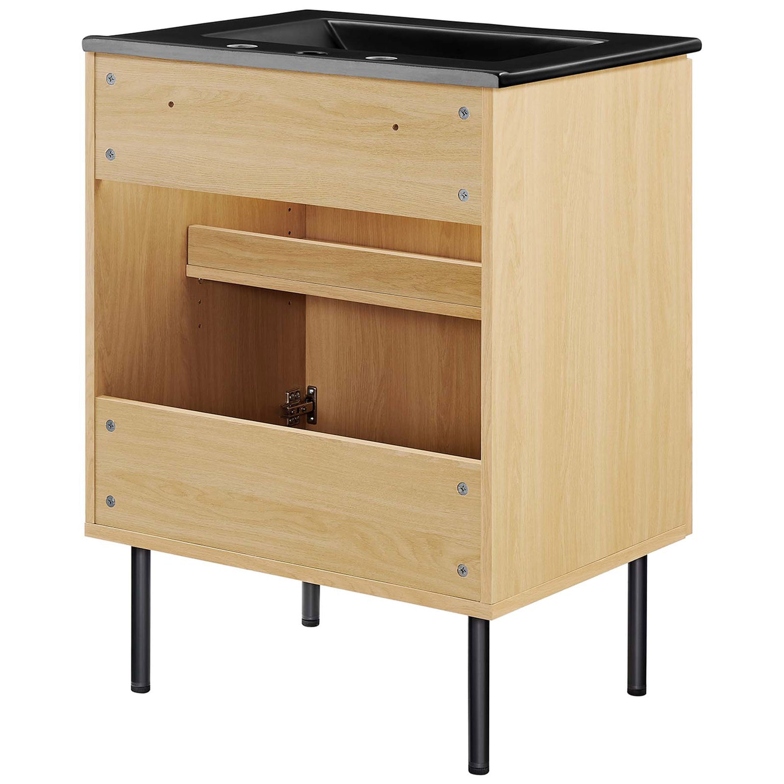 Durable vanity build with rear access panel and interior shelf for plumbing and storage. || EEI-6694-OAK-BLK || back_angle_studio