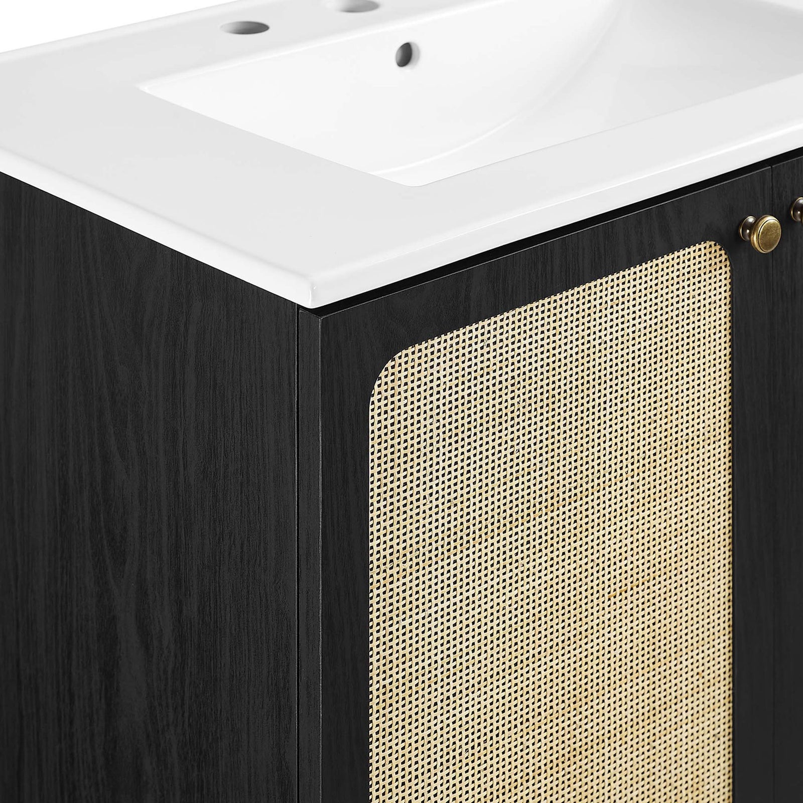 Fine cane weave framed in black pairs with a pristine ceramic counter || EEI-6695-BLK-WHI || detail_studio