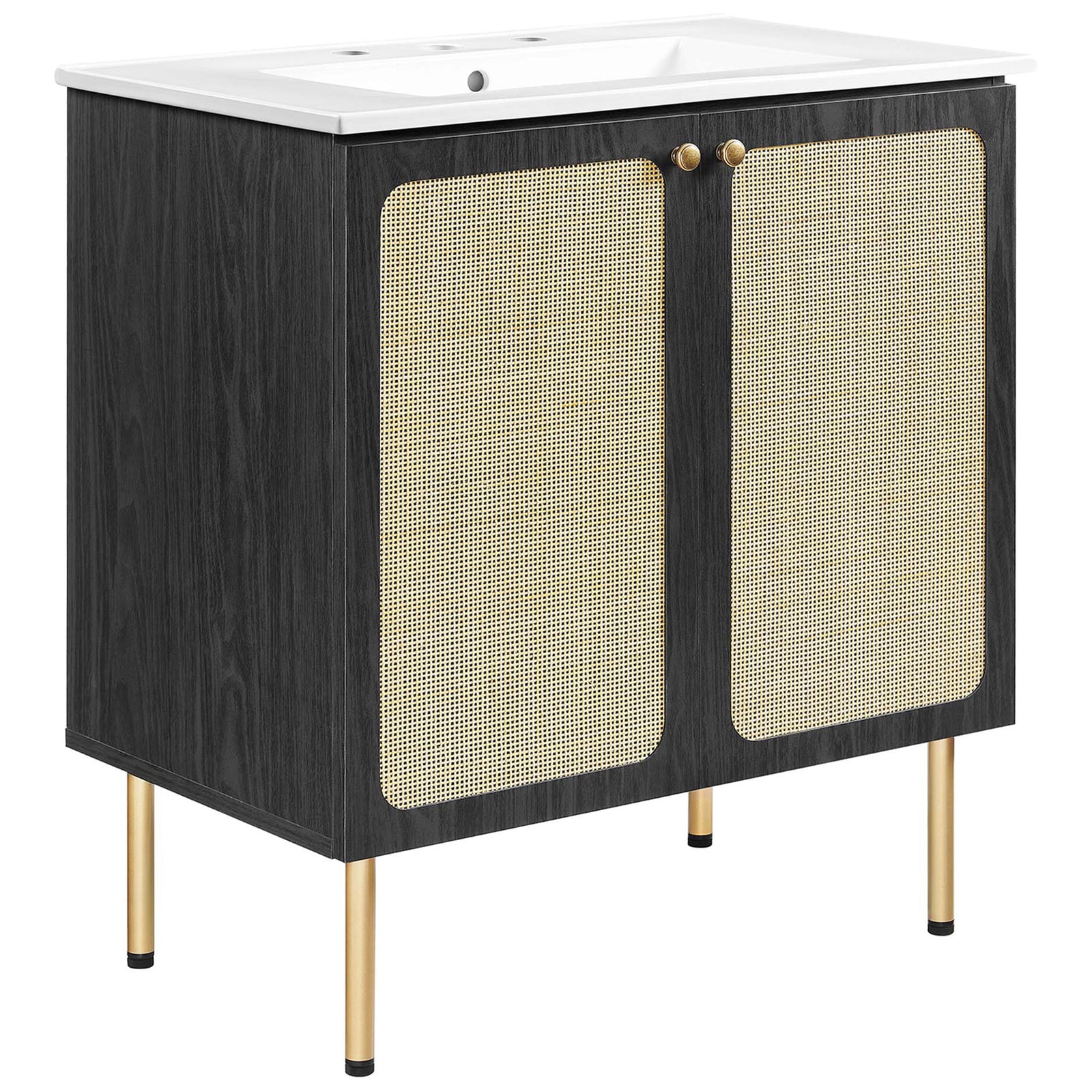 Roomy 30 inch vanity pairs rattan doors with a white basin and gold hardware || EEI-6695-BLK-WHI || front_angle_studio