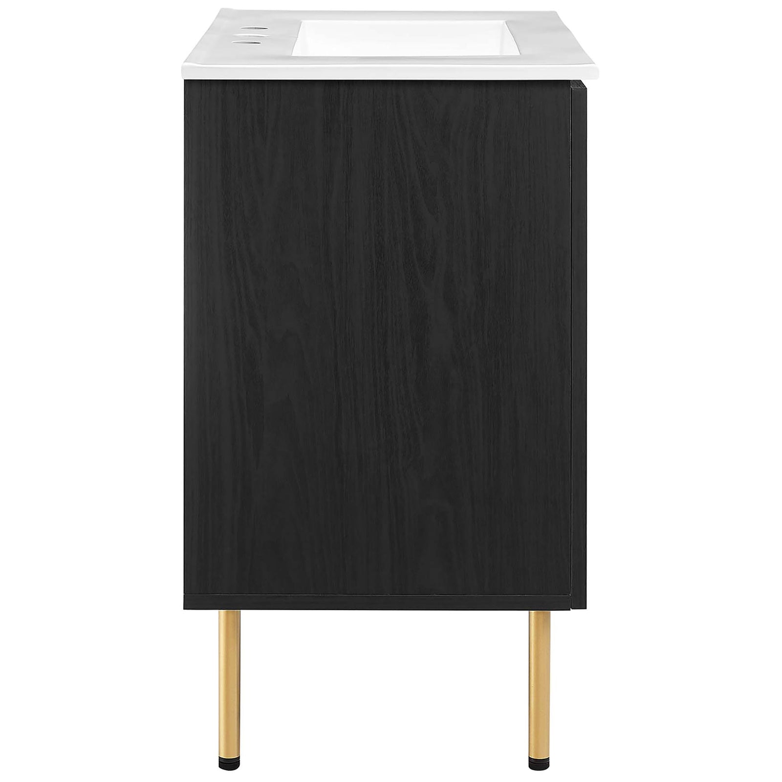 Black wood grain profile shows refined lines and slender brass legs || EEI-6695-BLK-WHI || side_studio
